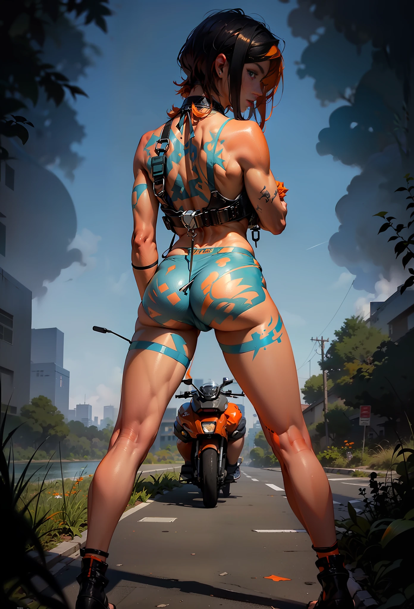 ((La mejor calidad)), ((obra maestra)), (detallado: 1.4), (((derriere))), ((perfecto)), A muscular 35-year-old cyberpunk woman ???????????? Simon Bisley style for the cover of Heavy Metal magazine, muslos ????????, tanga diminuta, liguero, (((Super short orange hair))), Cara limpia, Minimum clothing, Light blue carbon fiber cyberpunk clothing with small dark blue and white details,  (((Ropa azul))), (((atajo))), (((mujer madura))), (((cuerpo completo)), (((tiny red ????? ))), Mechasuit