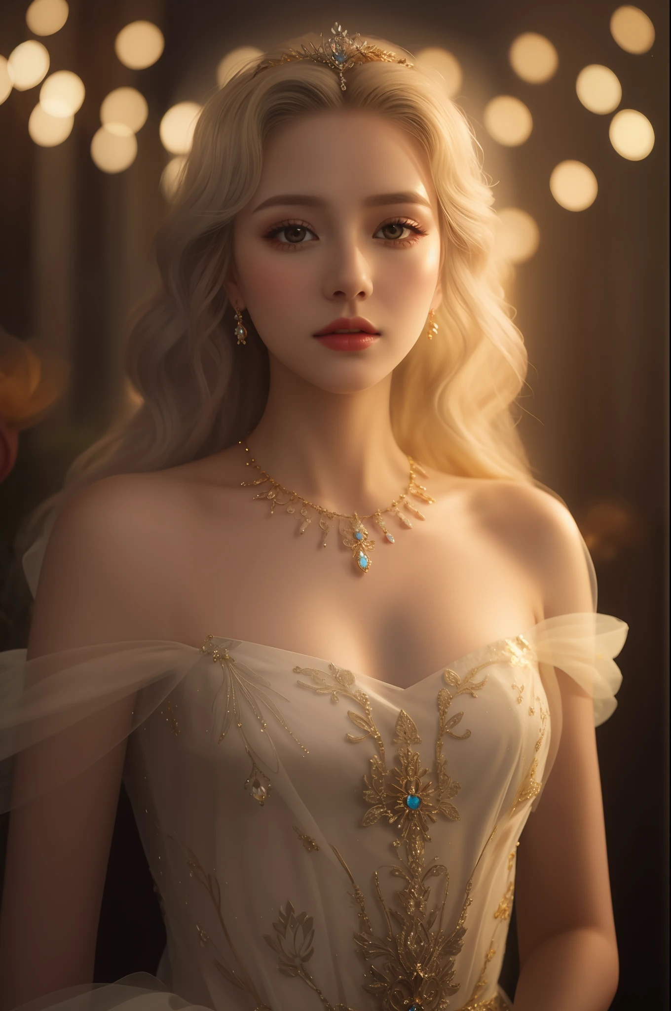 um close up de uma mulher em um vestido com um colar em, fantasy gorgeous lighting,cintura fina, linda princesa, elegant cinematic fantasy art, ethereal beauty, Imperatriz loira, Rainha bonita e elegante, ethereal fairy tale, soft ethereal lighting, gorgeous soft lighting, Ethereal gold and silver tones