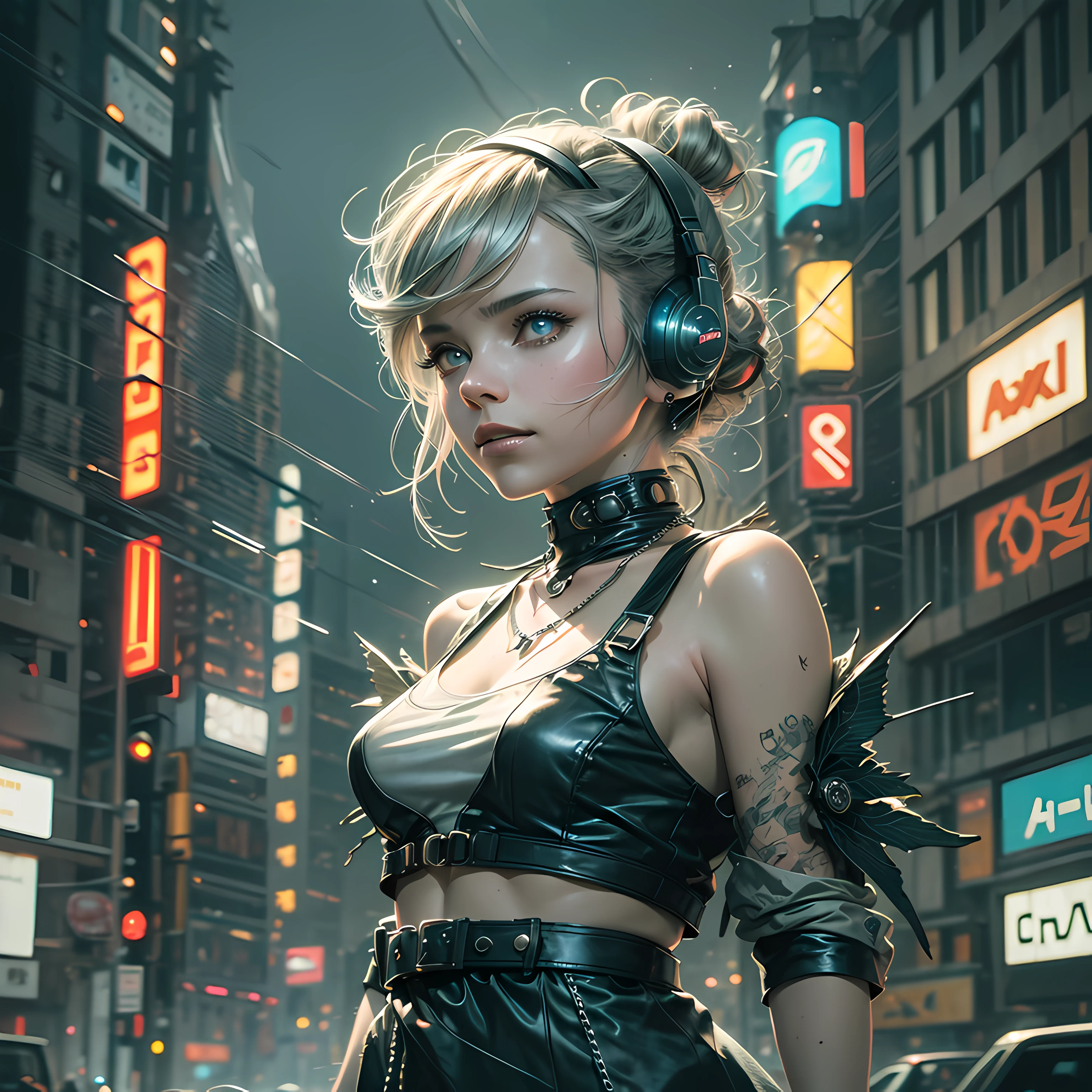 1garota com cabelos brancos e pupila brancas,na cidade de tokyo,noite,cyberpunk,4k, tamanho da imagem em  2556x1179 pixels --auto