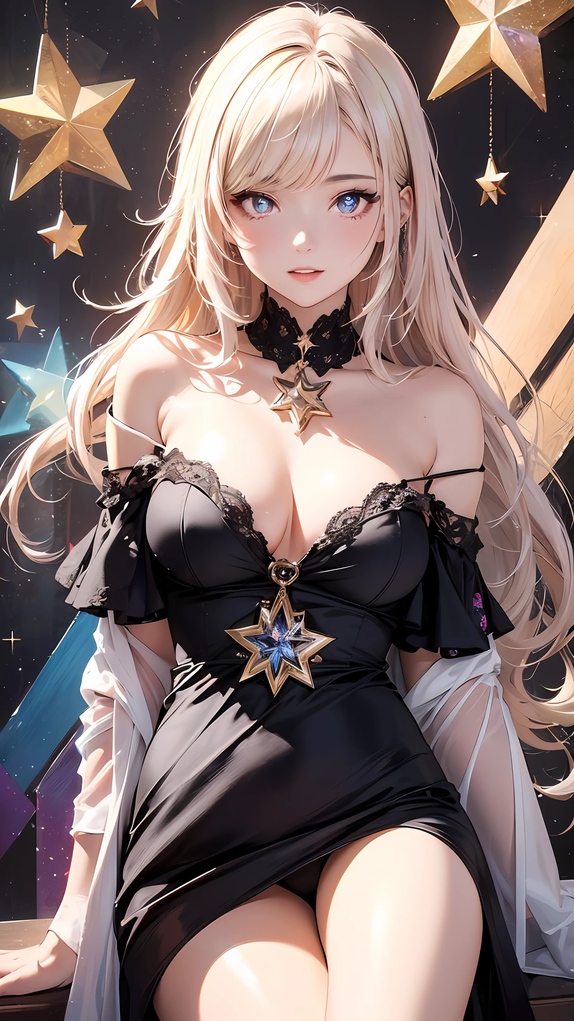 (masterpiece, best quality), ((1girl, (mature female) long hair), (star-shaped pupils, +_+, symbol-shaped pupils, sparkling eyes)), (looking at viewer, light smile, off shoulder), (multicolored background, abstract background, chromatic aberration),