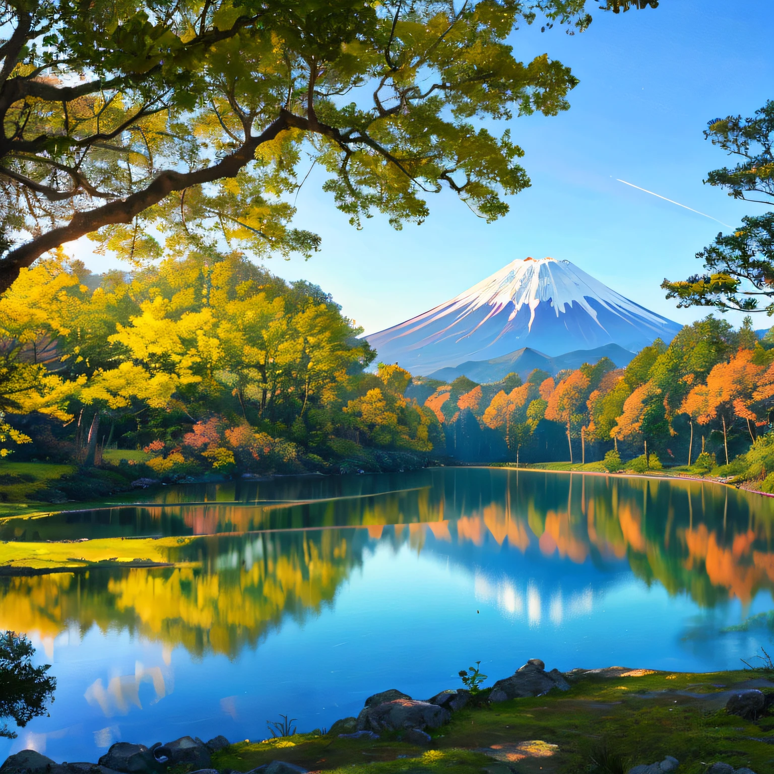 monte fuji super detalhado ao fundo de um lago realista, com aguas razas e claras, arvores ao redor do lago com folhas secas, dia muito ensolarado, com sol ao lado do monte fuji --auto