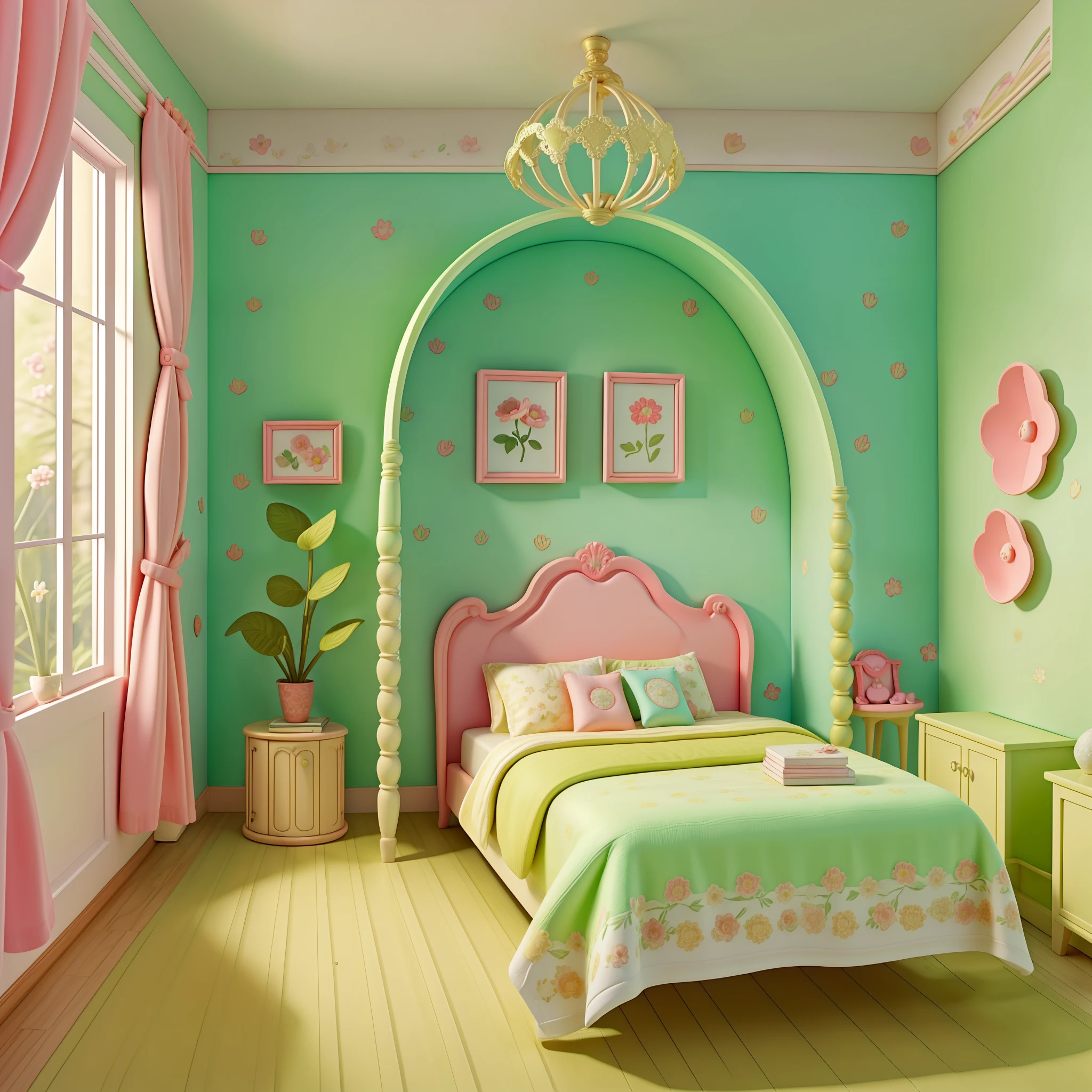 Quarto princesa, janela, flores na janela, quarto bonito e alegre