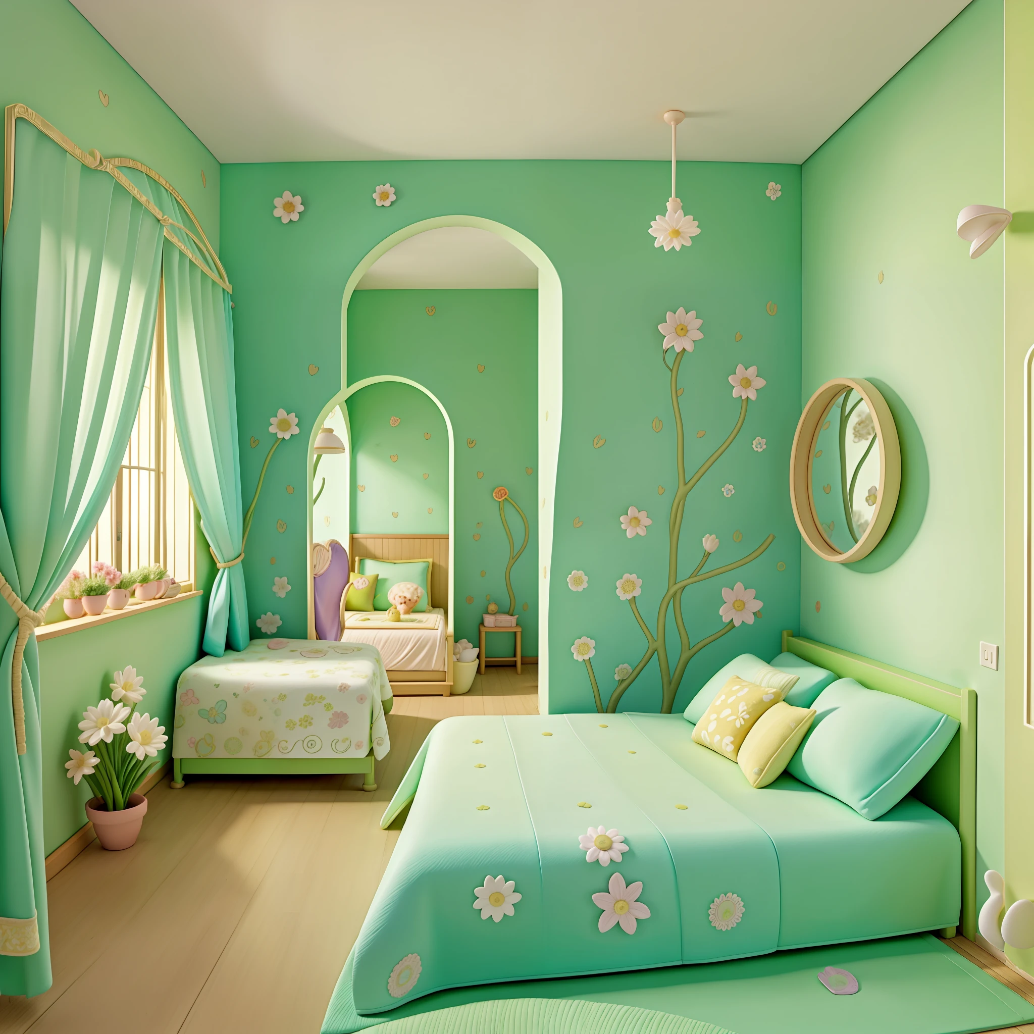Quarto princesa, janela, flores na janela, quarto bonito e alegre