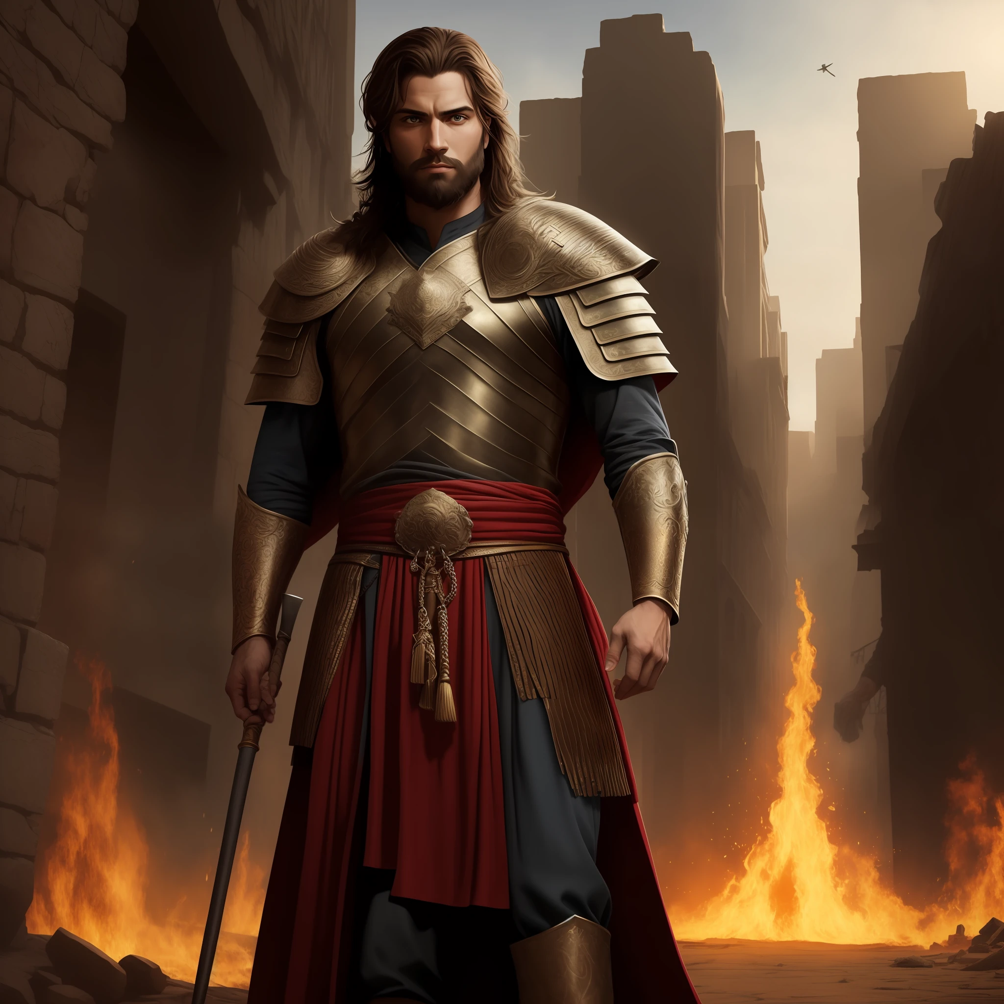 Joshua the biblical warrior, imagem ultra detalhada e realista, barba longa, Background image recalls the city of Jericho --auto