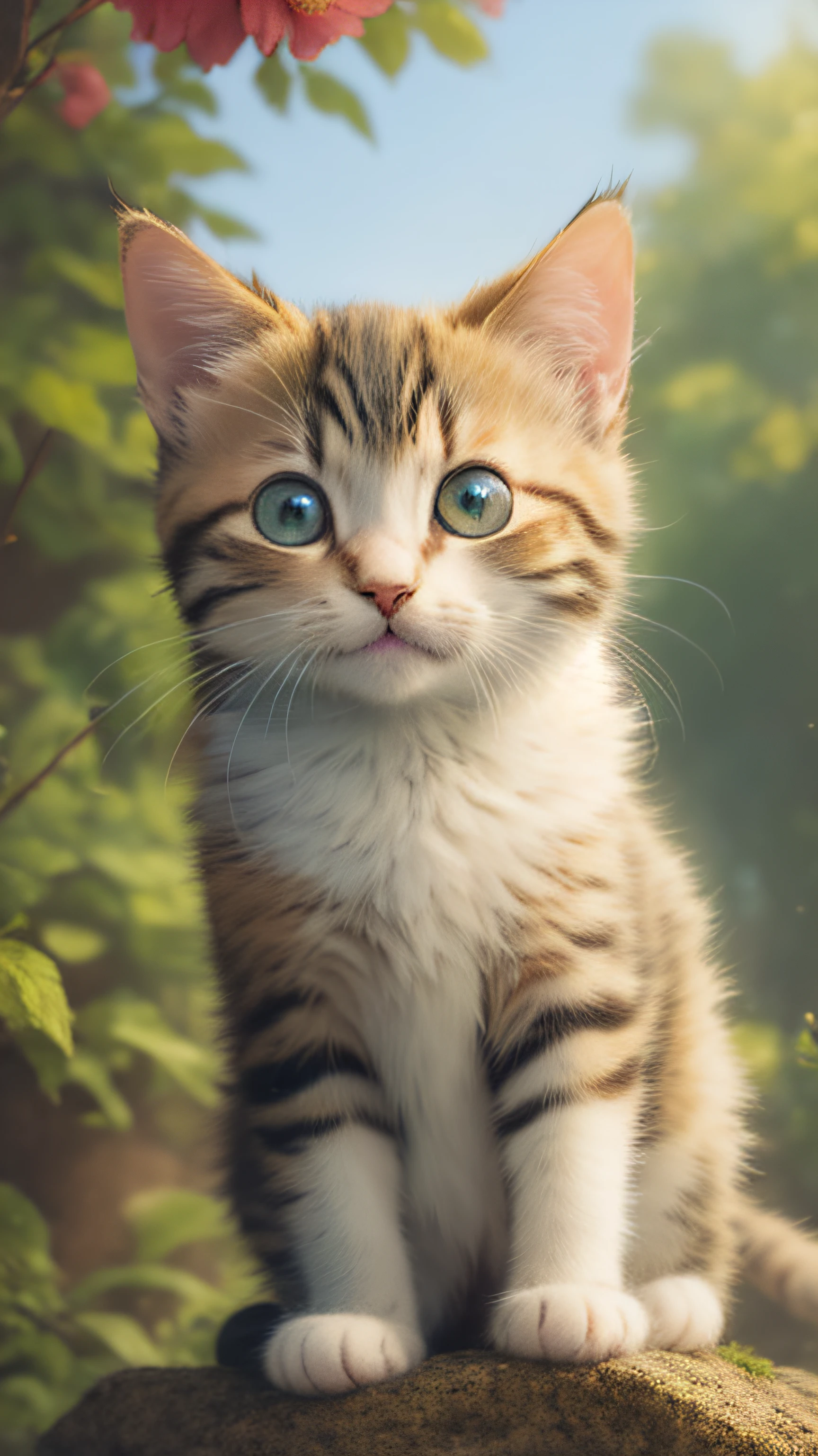 There is a cat that is standing on a rock next to a tree, gato bonito, awesome cat, an adorable kitten, Gatinho bonito, Pouncing, um gato bonito, aw, foto de gato bonito, O gatinho mais fofo de todos os tempos, curious expression, gato bonito, lindo e bonito, Olhar travesso, Gato na floresta, cute and adorable, Animal bonito, POV de calcanhar