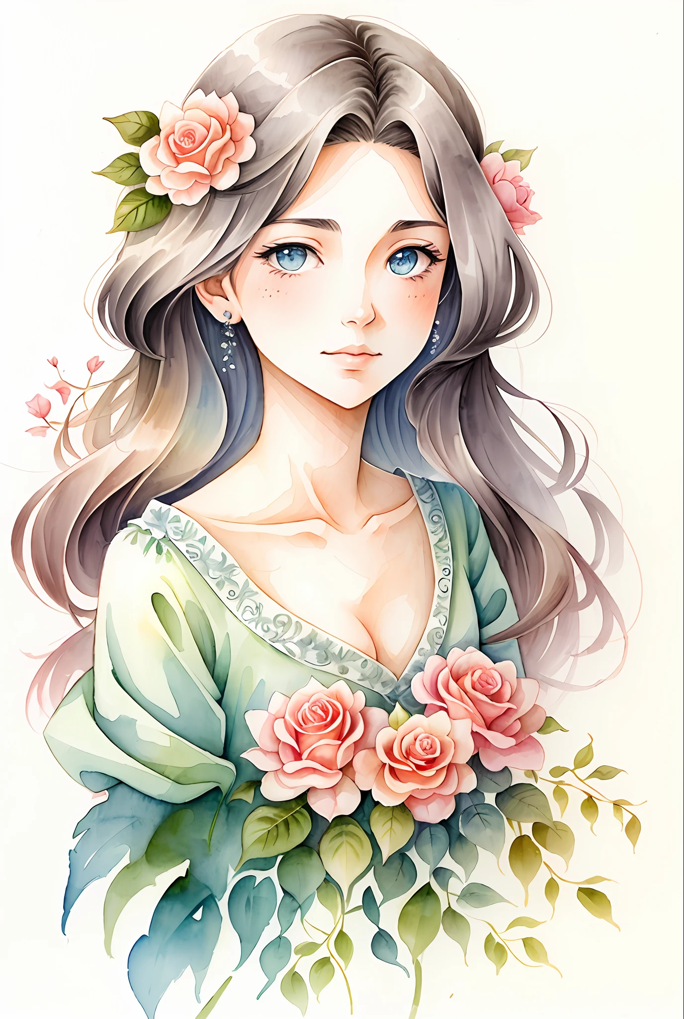( acuarela \(Medio\), dibujo, hermosa rosa.