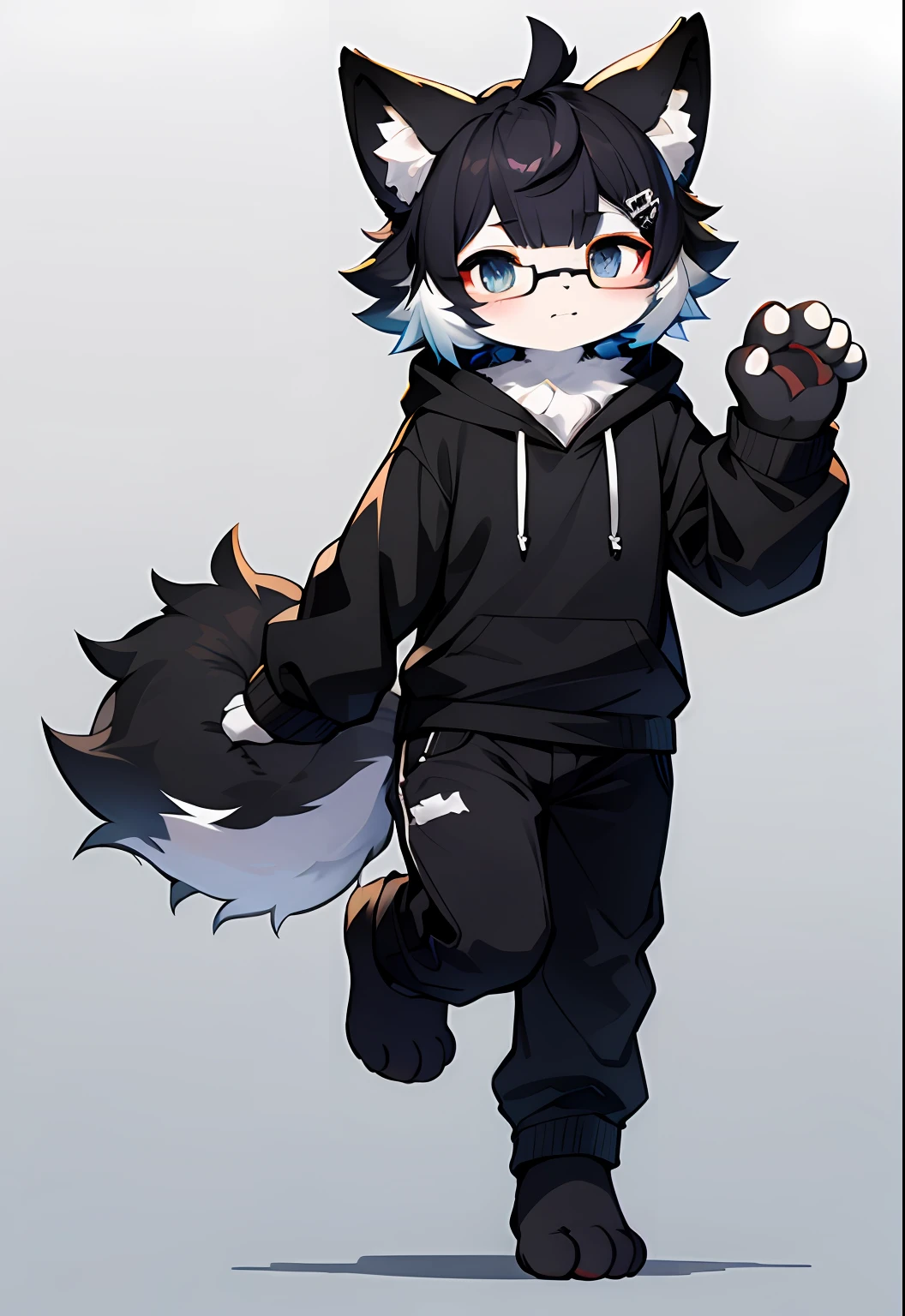 best qualtiy,hairy pubic,Ultra-fine fur,黑The eye,独奏,shaggy male,underage,Full Body Furry,Fluffy fur,Black color hair,White paws,Blue-white fur,Dark blue sweatshirt,Long black pants,grey ears,Gradient hair,multicolored hair,Black glasses,Fluffy tail,red striped,short detailed hair,Blunt bangs,hooding,Nudy,hyper cute face