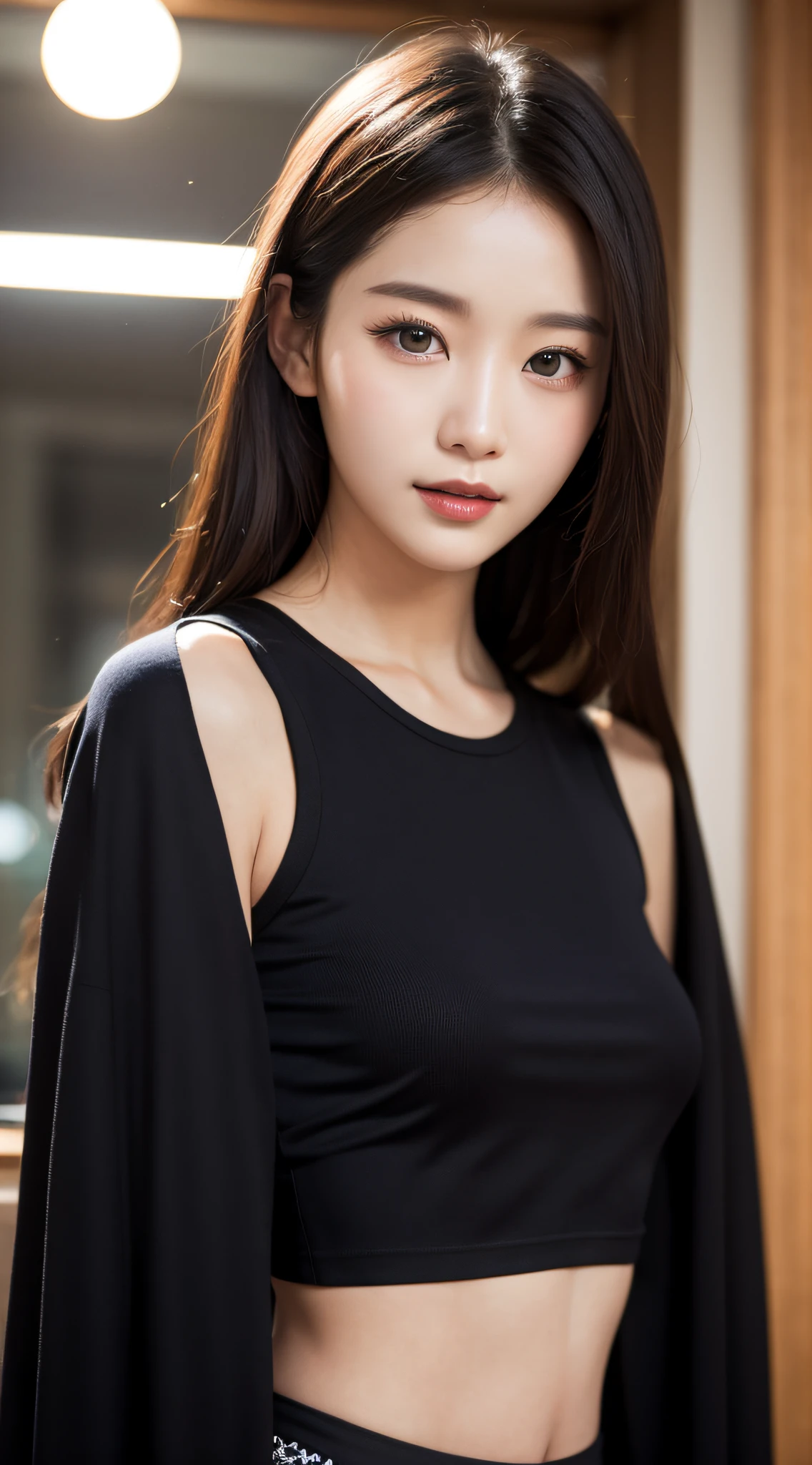 ((best qualtiy、8k masterpieces:1.3))、foco nítido:1.2、(ultra beautiful faces:1.0)、(Slender Abs Beauty:1.0)、(shinny skin:1.0)、photos realistic、A dark-haired、Video Lighting、High-definition eyes and face、Video Lighting、(cowboy shot:1.3)、swim wears、(Korean Cute Actress)、from the front side、medium large breasts、A slight smile、Sleeveless