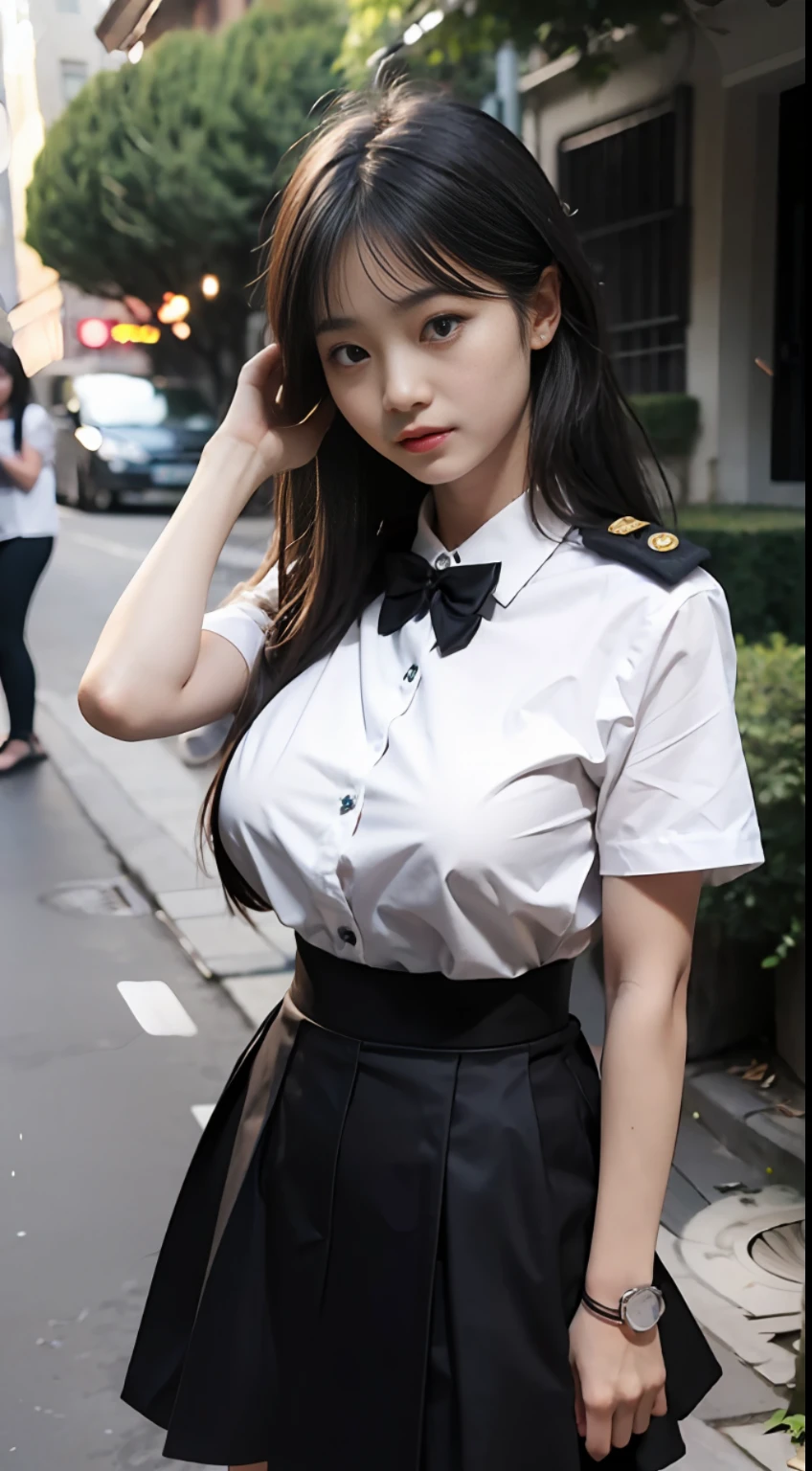 Master quality, highest quality, best picture quality, exaggerated details, a cute 9 year old asian little girl with a shy expression, slightly squinted eyes, adjusting her hair, long eyelashes (long hair / very, very exaggerated big breasts / in uniform) outdoors, posing in front of the camera