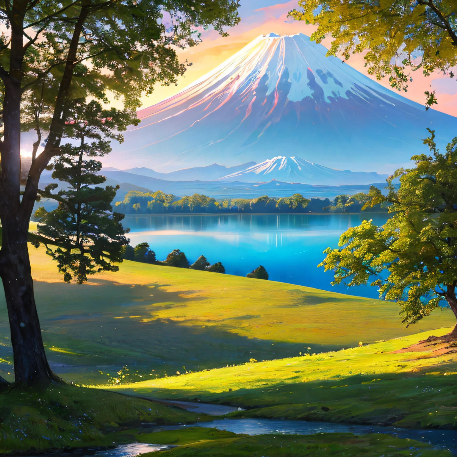 monte fuji super detalhado ao fundo de um lago realista, com aguas razas e claras, arvores ao redor do lago com folhas secas, dia muito ensolarado, com sol ao lado do monte fuji --auto