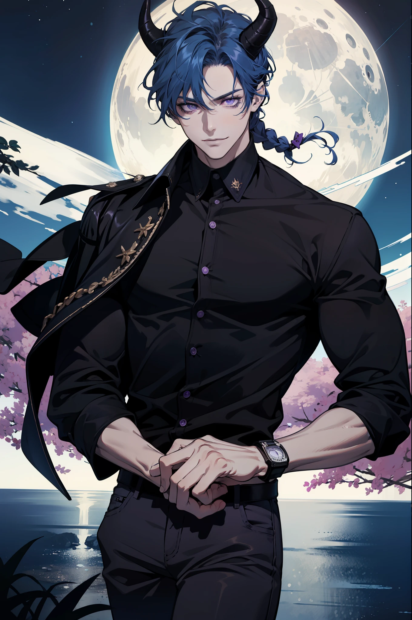 (absurdres, highres, ultra detailed), 1man, 30 years old man, adult man, handsome, tall, finely detailed eyes and detailed face, leather pants, (((black shirt))), night, smile, dutch angle, ((short hair, blue hair)), moon, silver details, gothic, incubus, prince, dark, simple clothes, looking at the view, pale skin, purple detailed eyes, (masculine), sexy, elegant, (((long bangs))), detailed hands, (((purple eyes))), bad boy, (muscles), smirk, ((((horns)))), shirt without buttons, defined muscles, braid