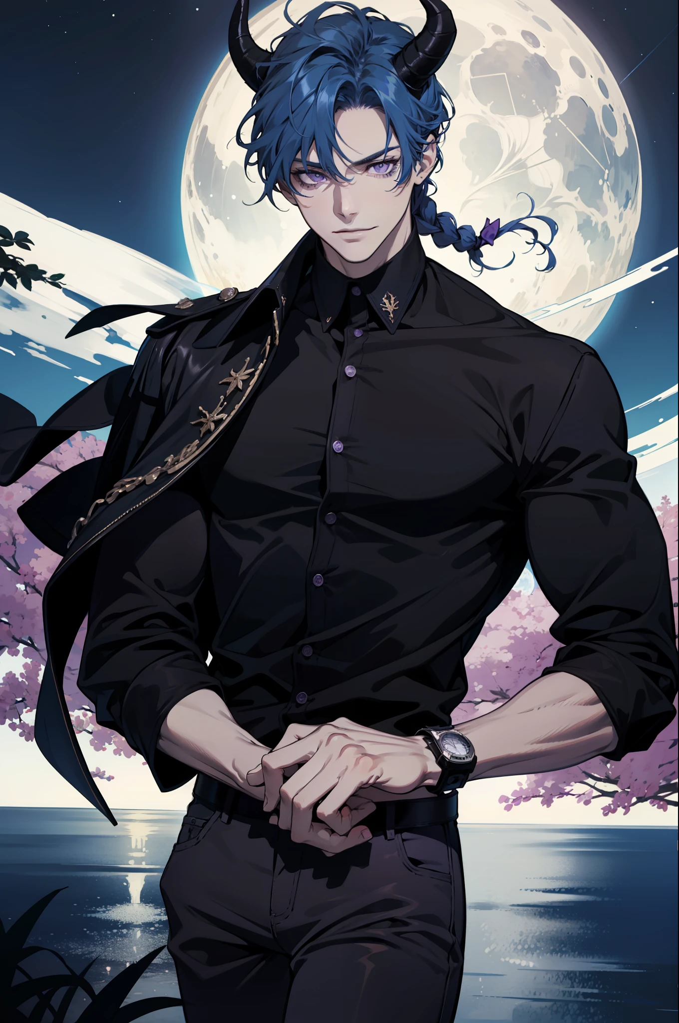 (absurdres, highres, ultra detailed), 1man, 30 years old man, adult man, handsome, tall, finely detailed eyes and detailed face, leather pants, (((black shirt))), night, smile, dutch angle, ((short hair, blue hair)), moon, silver details, gothic, incubus, prince, dark, simple clothes, looking at the view, pale skin, purple detailed eyes, (masculine), sexy, elegant, (((long bangs))), detailed hands, (((purple eyes))), bad boy, (muscles), smirk, ((((horns)))), shirt without buttons, defined muscles, braid
