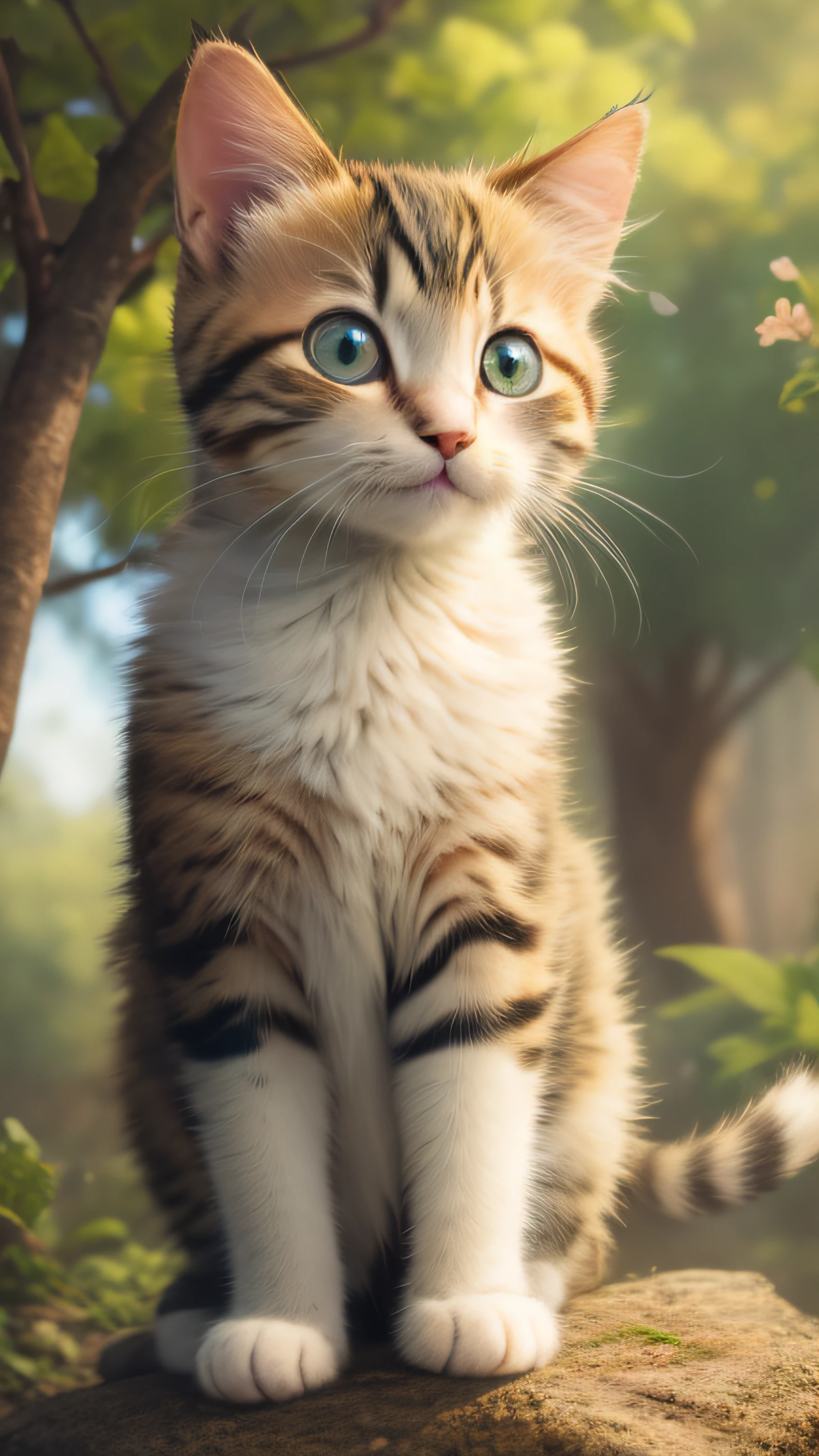 There is a cat that is standing on a rock next to a tree, gato bonito, awesome cat, an adorable kitten, Gatinho bonito, Pouncing, um gato bonito, aw, foto de gato bonito, O gatinho mais fofo de todos os tempos, curious expression, gato bonito, lindo e bonito, Olhar travesso, Gato na floresta, cute and adorable, Animal bonito, POV de calcanhar