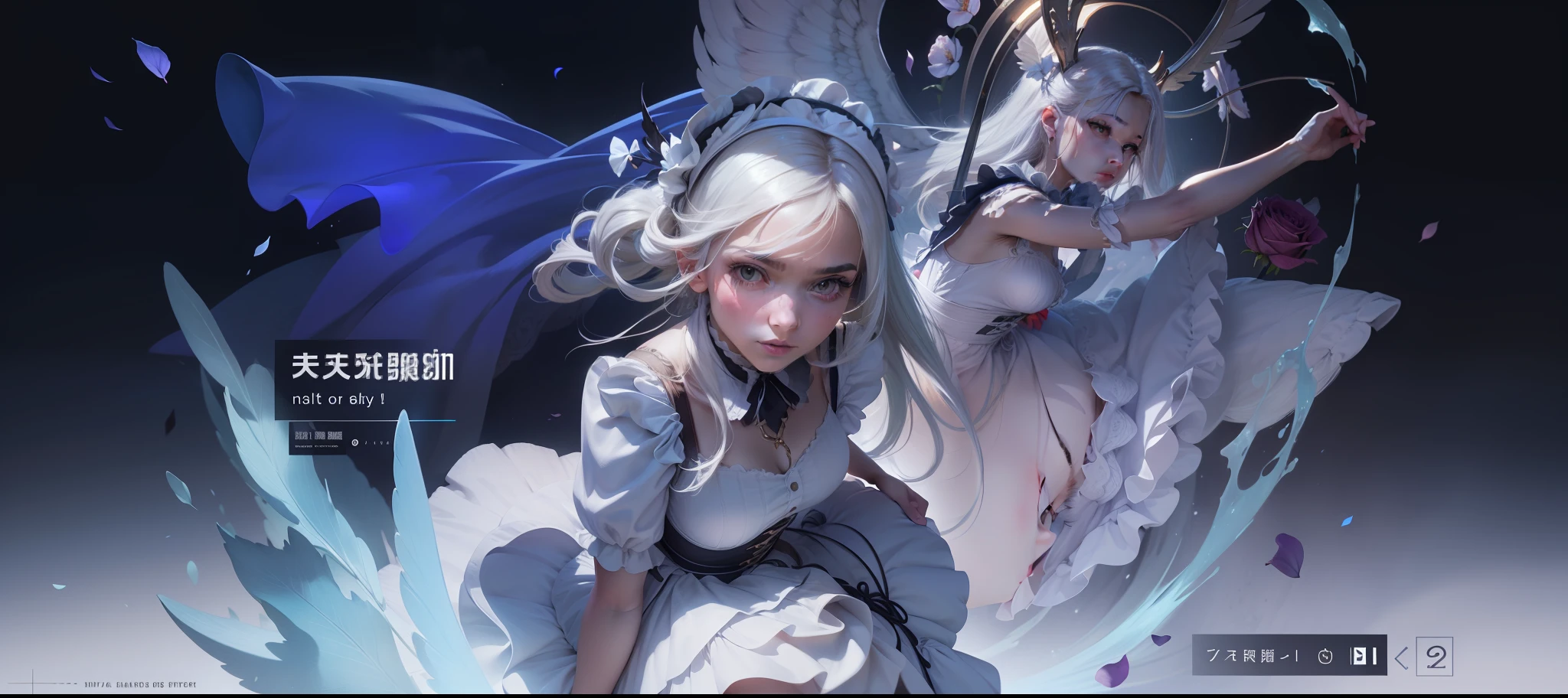 Masterpiece, Superb Piece, Ultra Meticulous, Illustration, Close-up, Direct Vision, Facial Focus, 1girl, White Hair, Blonde Eyes, Long Hair, Halo, Angel Wings, Calm Expression, Looking at the Audience, (Noelle: 1.4), Rose Petals, Maid