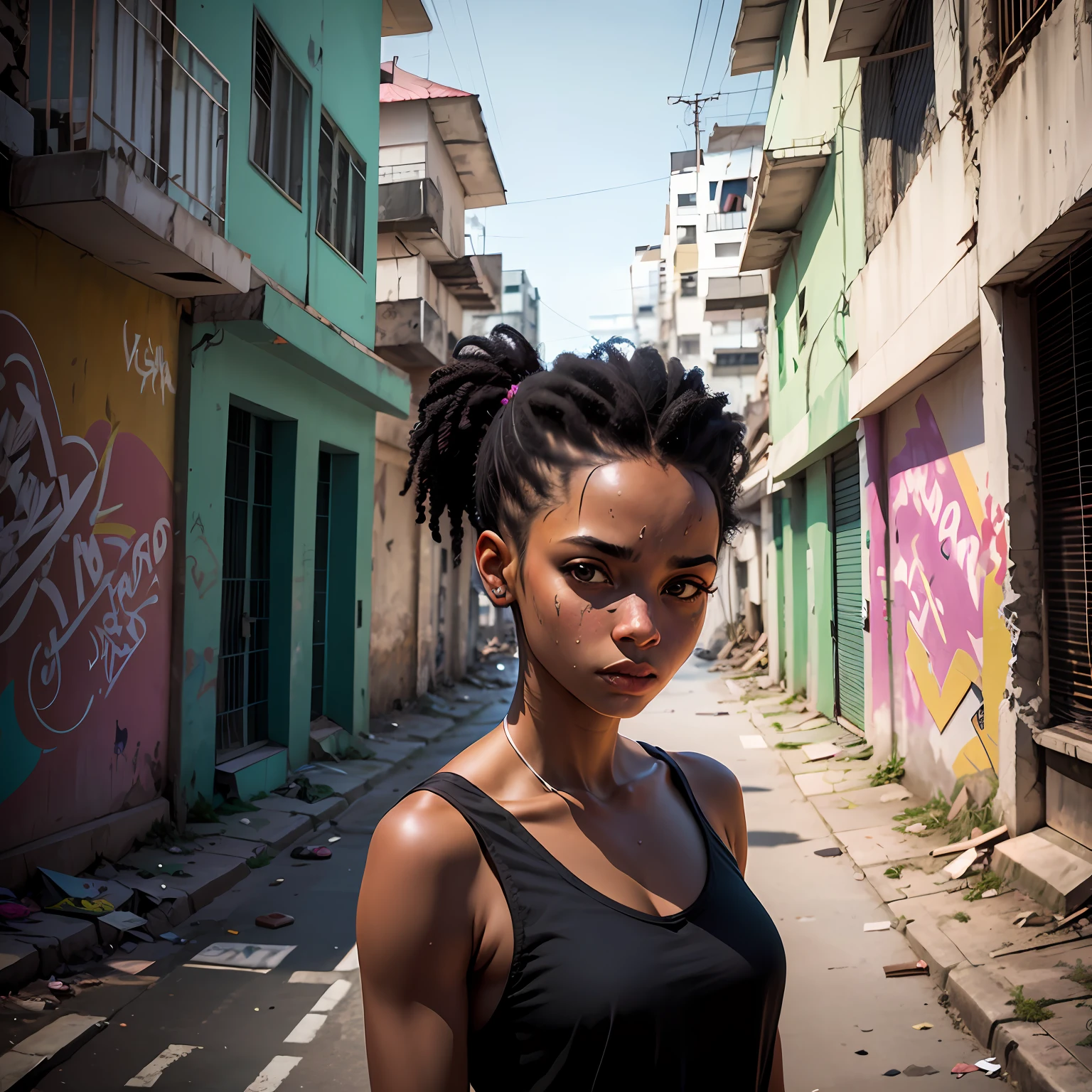 A imagem retrata uma mulher negra no meio de uma rua deserta no Rio de Janeiro. The buildings around it are in ruins, with broken windows and graffiti covering the walls, foto retrato --auto