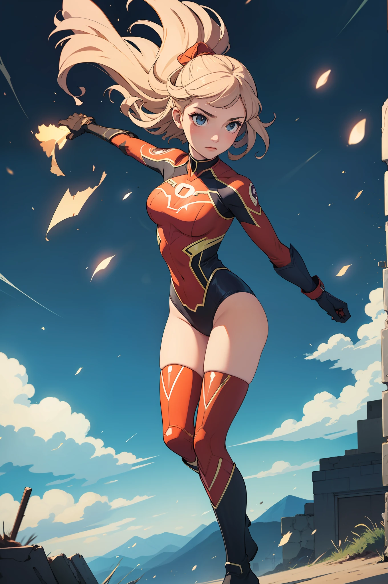 (masterpiece), best quality, highly detailed, detailed background, cinematic lighting, outdoor, 1girl, medium hair, medium breasts, leotard, bare legs, match boots, gloves, light particles, wind particles, tornado particles, superhero, twirl