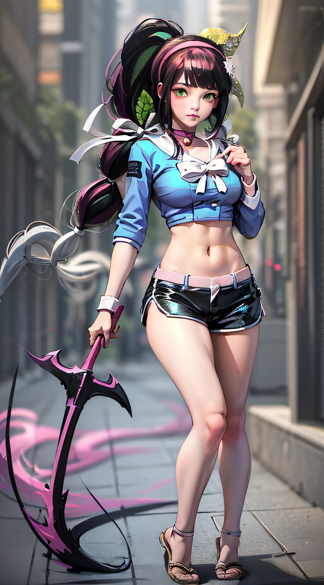 (((Masterpiece))), (best qualighy, best resolution:1.2), beautiful anatomy, perfect body, very delicate, super gorgeous hair, very beautiful hair, high ponytail, pink hair ornament, multicolored hair, absurderes, glowing eyes:1.2, super tight lycra shorts, black strapless crop top :1.3, clothes under clothes, full body, pigeon-toed, holding magical girl stick, (big and kawaii puff scenery), unique art, most beautiful art, ((ultra detailed)), beautiful details, ((nice drawn hands and fingers)), (most beautiful legs), depth in field, cinematic lightining, colorful, intricate