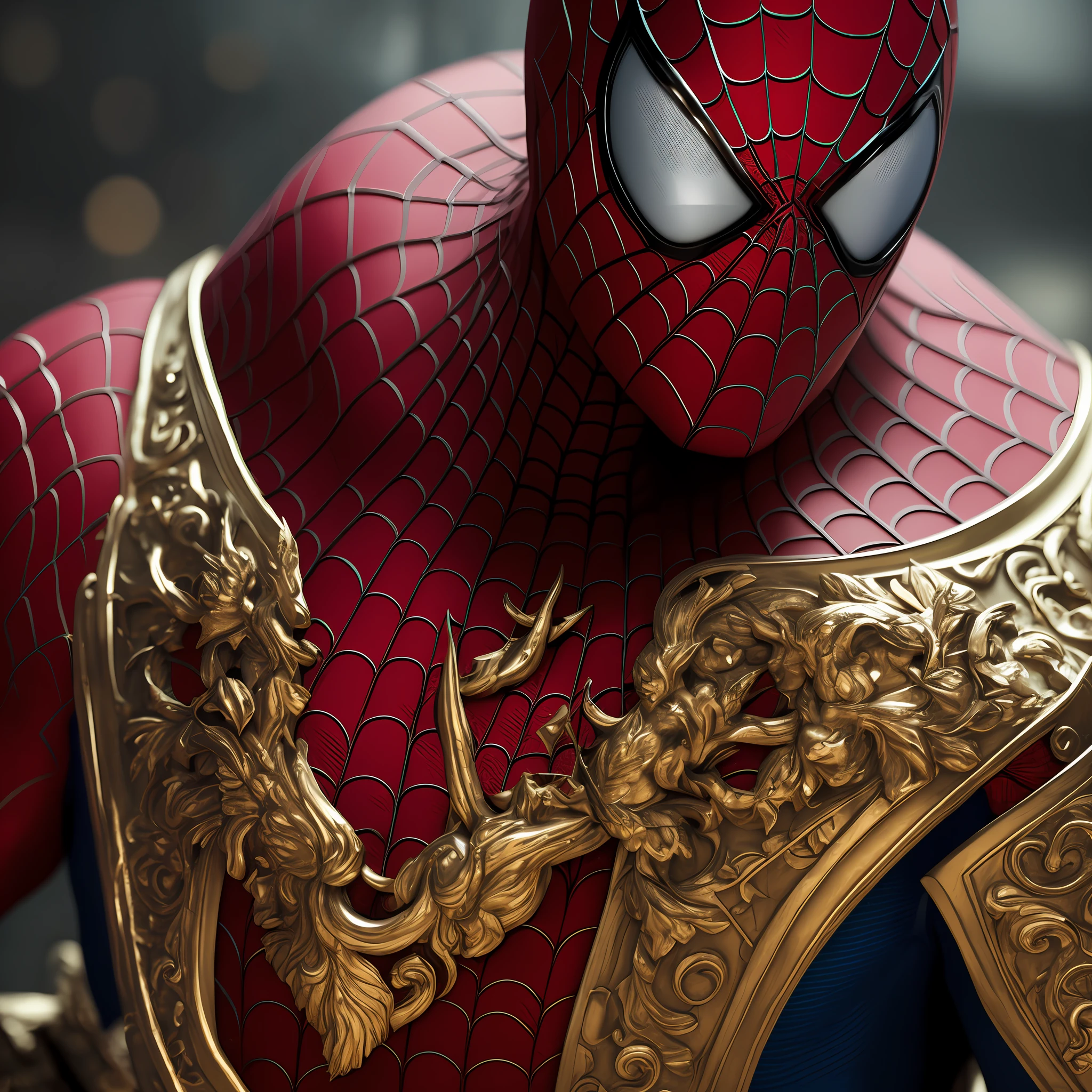 An upper body dressed in gold and black,Close-up of a statue of a man,The face has gold and black colors,Super detailed rendering,3 D rendering character art 8 K,Intricate black and gold armor,Complete samurai armor Spider-Man,high detail iconic character,8K rendering",octane render”,Octane rendering",Super detail octane rendering",Super detailed octane rendering,Ultra-detailed 3D rendering, futuristic style spiderman --auto