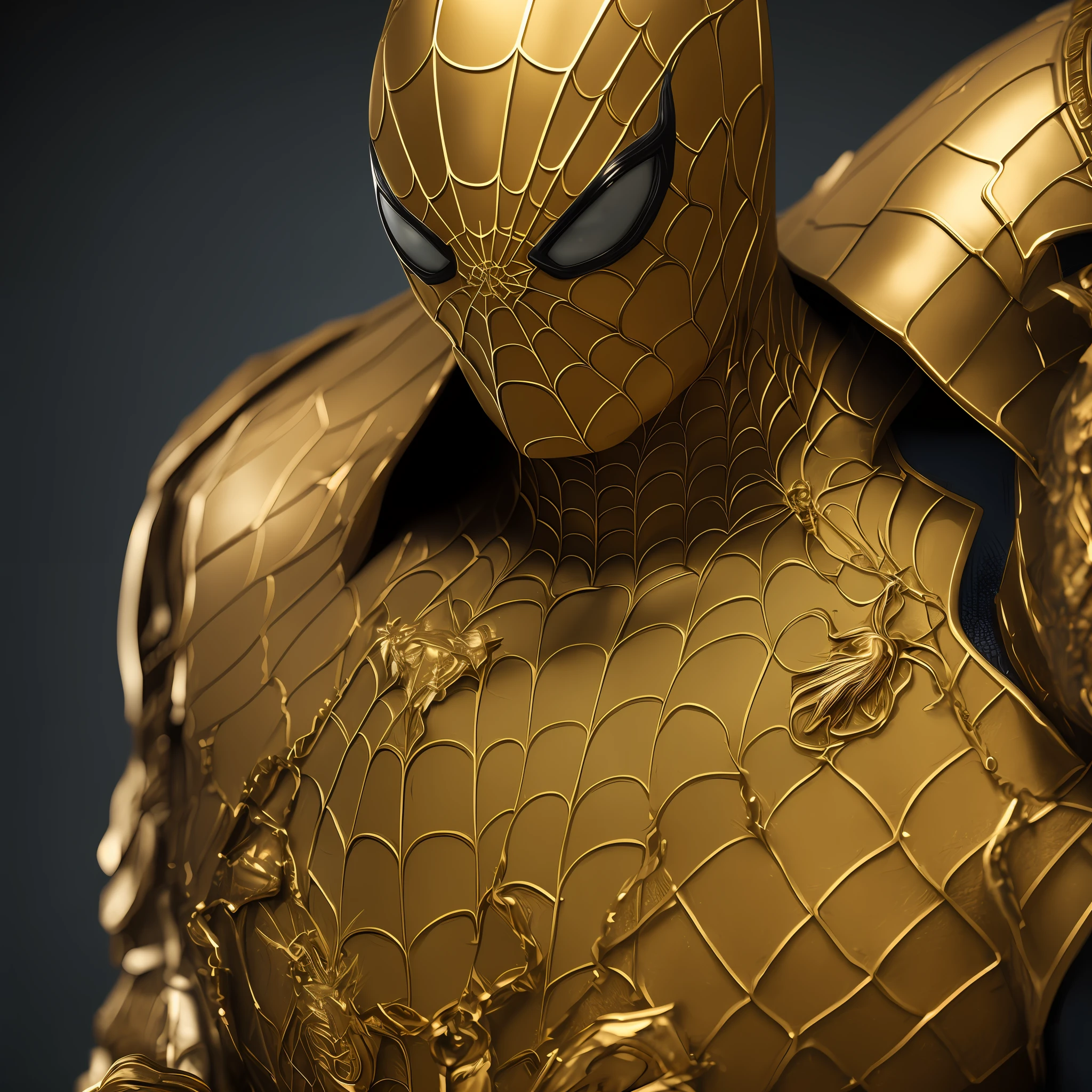 An upper body dressed in gold and black，Close-up of a statue of a man，The face has gold and black colors，Super detailed rendering，3 D rendering character art 8 K，Intricate black and gold armor，Complete samurai armor Spider-Man，high detail iconic character，8K rendering"，octane render”，Octane rendering"，Super detail octane rendering"，Super detailed octane rendering，Ultra-detailed 3D rendering， futuristic style spiderman --auto