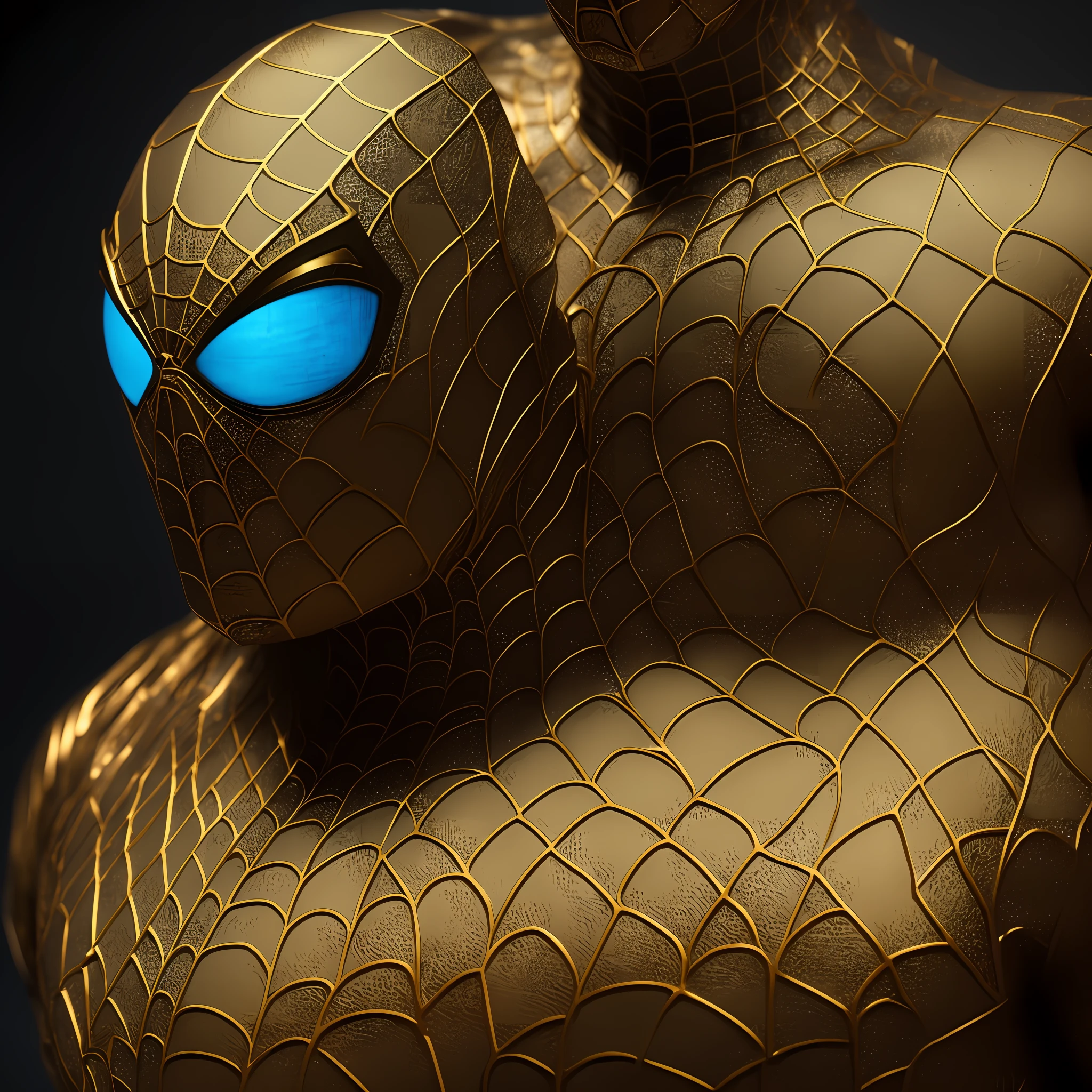 An upper body dressed in gold and black,Close-up of a statue of a man,The face has gold and black colors,Super detailed rendering,3 D rendering character art 8 K,Intricate black and gold armor,Complete samurai armor Spider-Man,high detail iconic character,8K rendering",octane render”,Octane rendering",Super detail octane rendering",Super detailed octane rendering,Ultra-detailed 3D rendering, futuristic style spiderman --auto