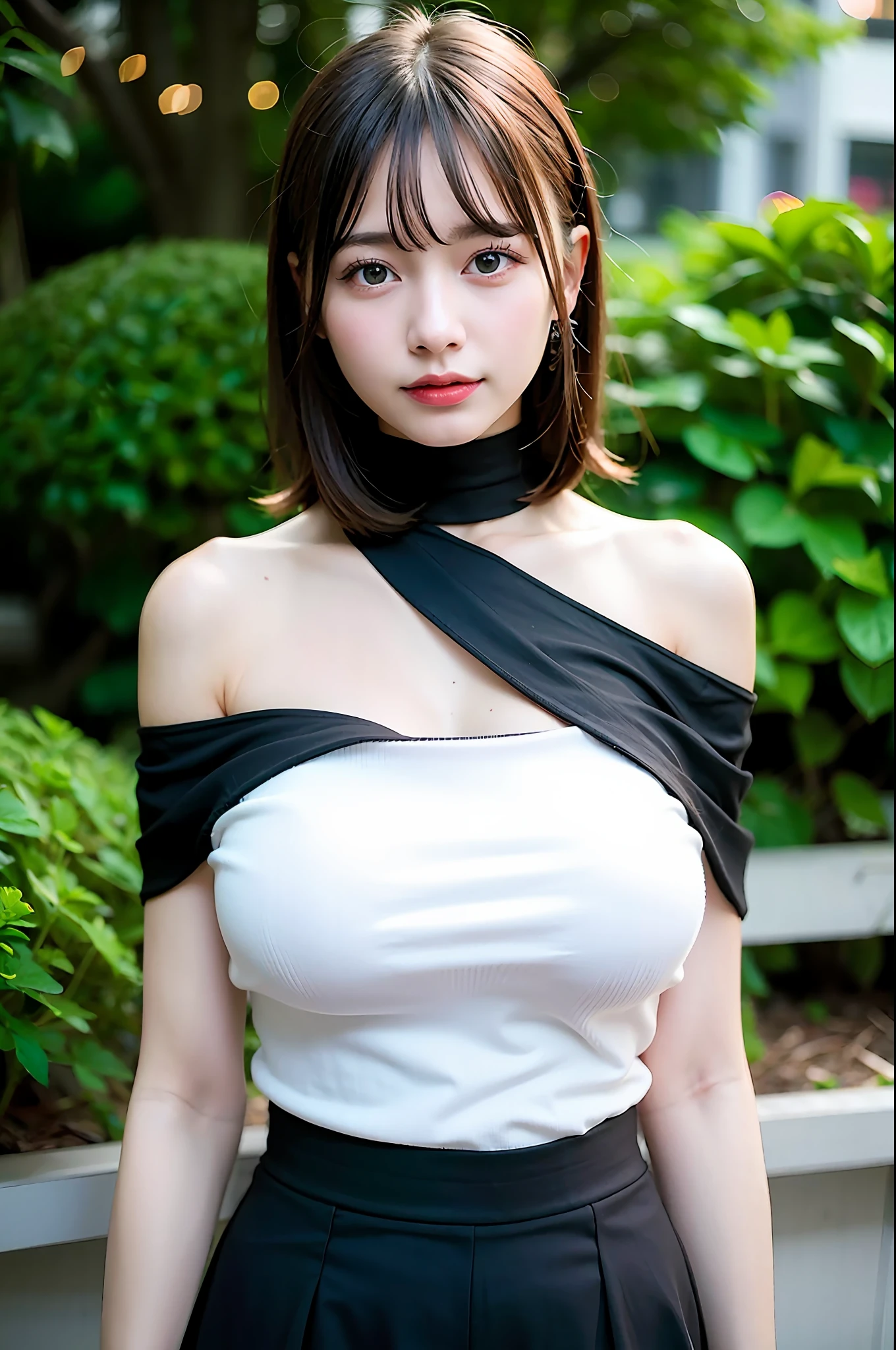 best quality, ultra high res, (photorealistic:1.4), 1girl, off-shoulder white shirt, black tight skirt, black choker, (faded ash gray hair:1), (huge breasts:1.2), looking at viewer, closeup ,