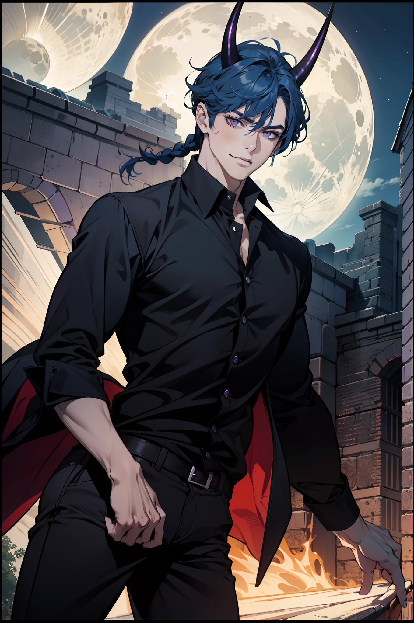 (absurdres, highres, ultra detailed), 1man, 30 years old man, adult man, handsome, tall, finely detailed eyes and detailed face, leather pants, (((black shirt))), night, smile, dutch angle, ((short hair, blue hair)), moon, silver details, gothic, incubus, prince, dark, simple clothes, looking at the view, pale skin, purple detailed eyes, (masculine), sexy, elegant, (((long bangs))), detailed hands, (((purple eyes))), bad boy, (muscles), smirk, ((((horns)))), shirt without buttons, defined muscles, braid, ((angular, masculine face))