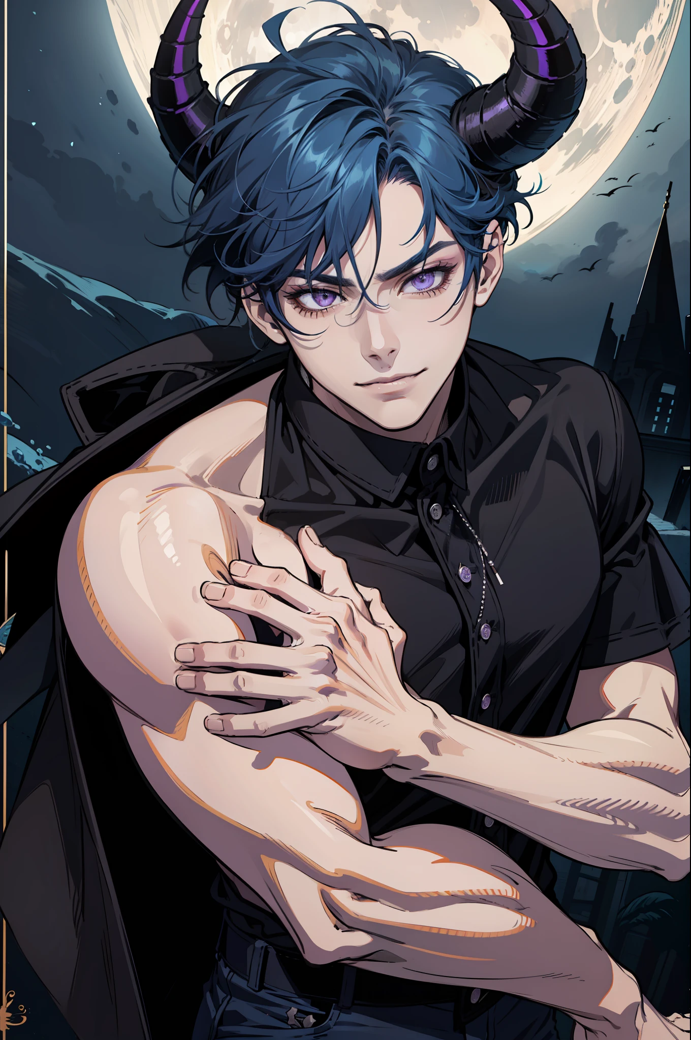 (absurdres, highres, ultra detailed), 1man, 30 years old man, adult man, handsome, tall, finely detailed eyes and detailed face, leather pants, (((black shirt))), night, smile, dutch angle, ((short hair, blue hair)), moon, silver details, gothic, incubus, prince, dark, simple clothes, looking at the view, pale skin, purple detailed eyes, (masculine), sexy, elegant, (((long bangs))), detailed hands, (((purple eyes))), bad boy, (muscles), smirk, ((((horns)))), shirt without buttons, defined muscles, braid, ((angular, masculine face))