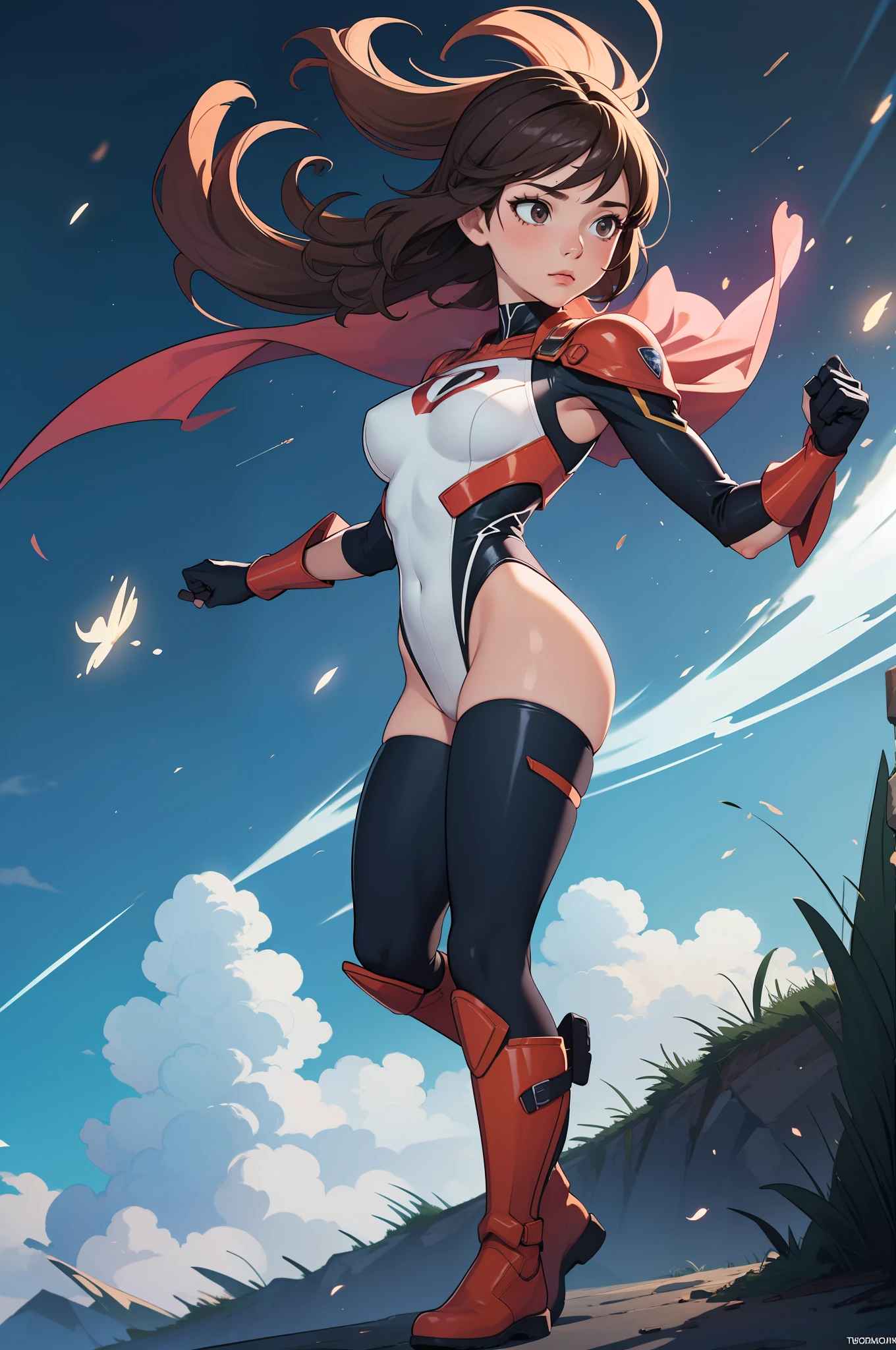 (masterpiece), best quality, highly detailed, detailed background, cinematic lighting, outdoor, 1girl, medium hair, medium breasts, leotard, bare legs, match boots, gloves, light particles, wind particles, tornado spin, superhero, twirl