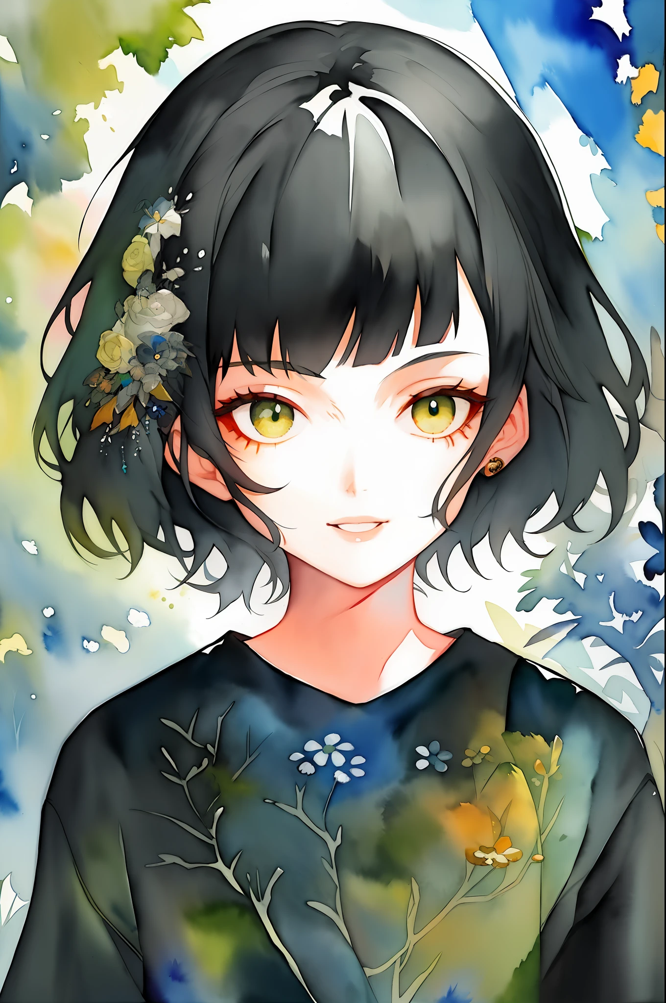 1girl, intricate streetwear, ornate, lush details, painted in the style of (shirow miwa), closed mouth, short black hair, dark green eyes, watercolor,