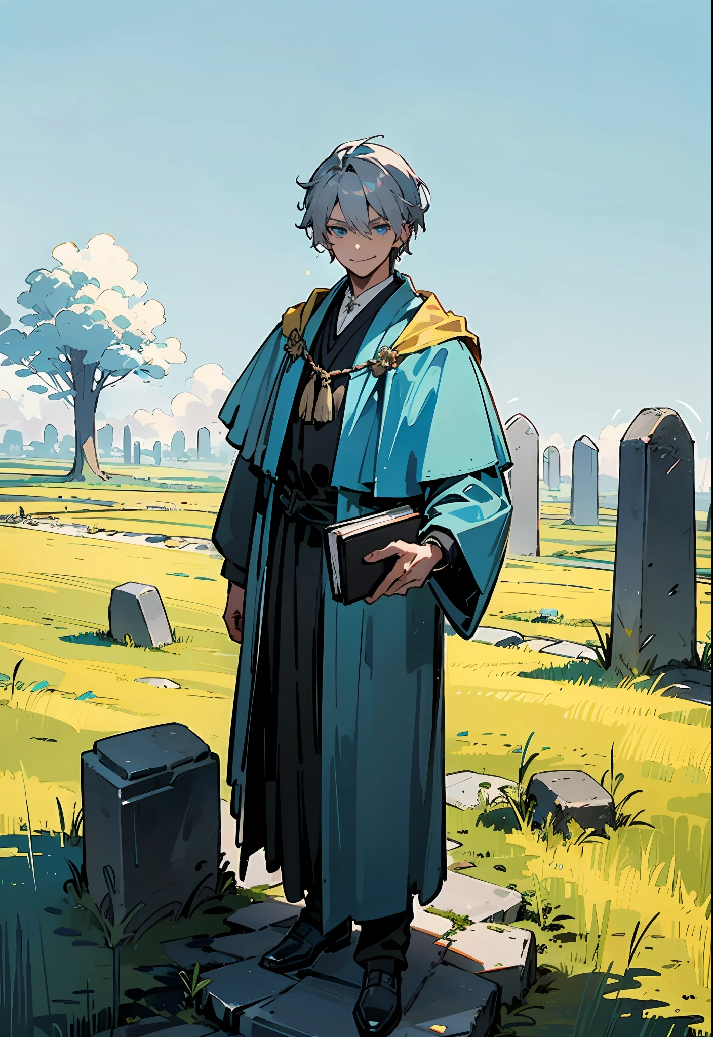 (medium portrait:0.7), (best illumination:1.1), (gray hair:1.1), (blue eyes:1.1), 1guy, adult male, masculine, serious smile, blue librarian robes, looking at the viewer, holding a book, standing on a stone road, grasslands, blue sky
