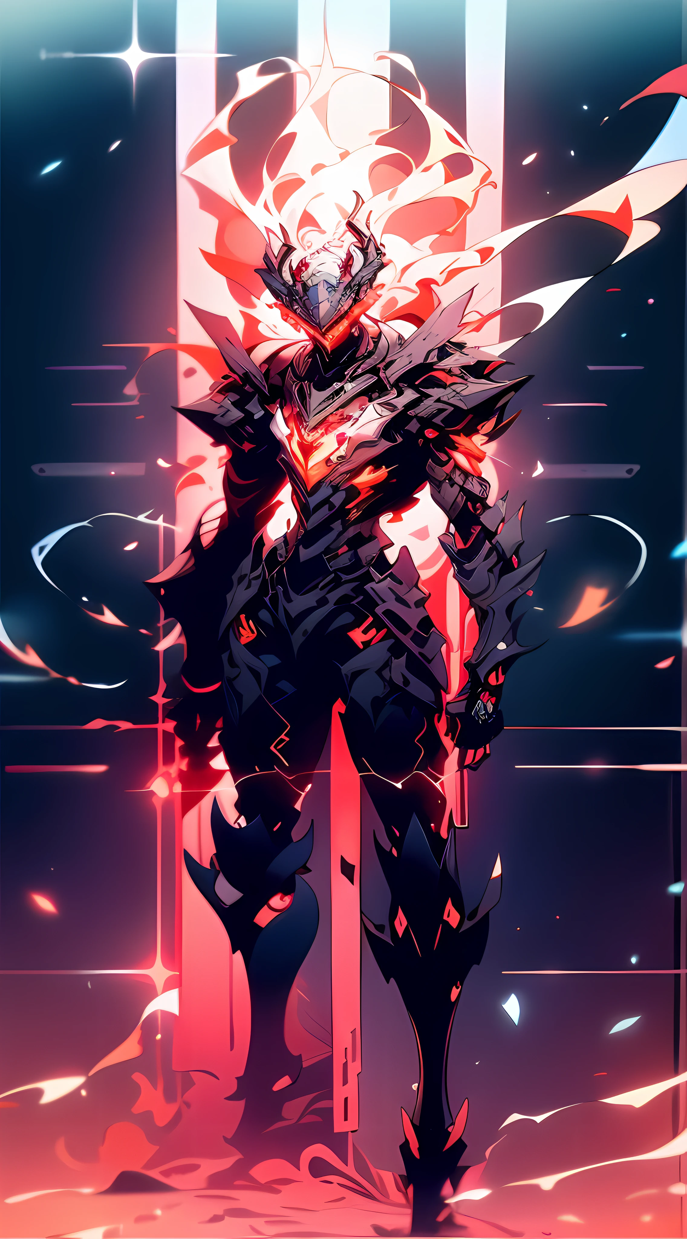 A mech, silver-white long ponytail and waist, V-shaped mechanical helmet, helmet eyes with red light, wearing a black sexy mech suit, white torn cape swaying in the wind, pull out a delicate red glowing sword: 1:1, standing in the flames with huge roaring mechanical heads and robotic arms in the background, lifelike, best picture quality, highest definition and clarity, original, surrealism, high detail, futurism, action painting, chiaroscuro, ray tracing, motion blur, cowboy lens, Battle pose drawing, layering, holographic display, cyberpunk style,