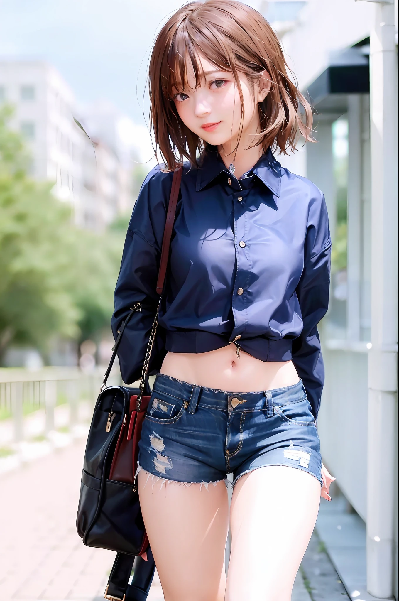 ((medium breast, tomboy girls, small head)), daylight, sunlight, (chiseled abs : 1.1), (perfect body : 1.1), (short wavy hair : 1.2) , auburn hair, collar, chain, full body shot, crowded street, wearing black tanktop, jeans jacket, ((shorts)), (extremely detailed CG 8k wallpaper), (an extremely delicate and beautiful), (masterpiece), (best quality:1.0), (ultra highres:1.0),  beautiful lighting ,perfect lightning, realistic shadows, [highres], detailed skin, ultra-detailed