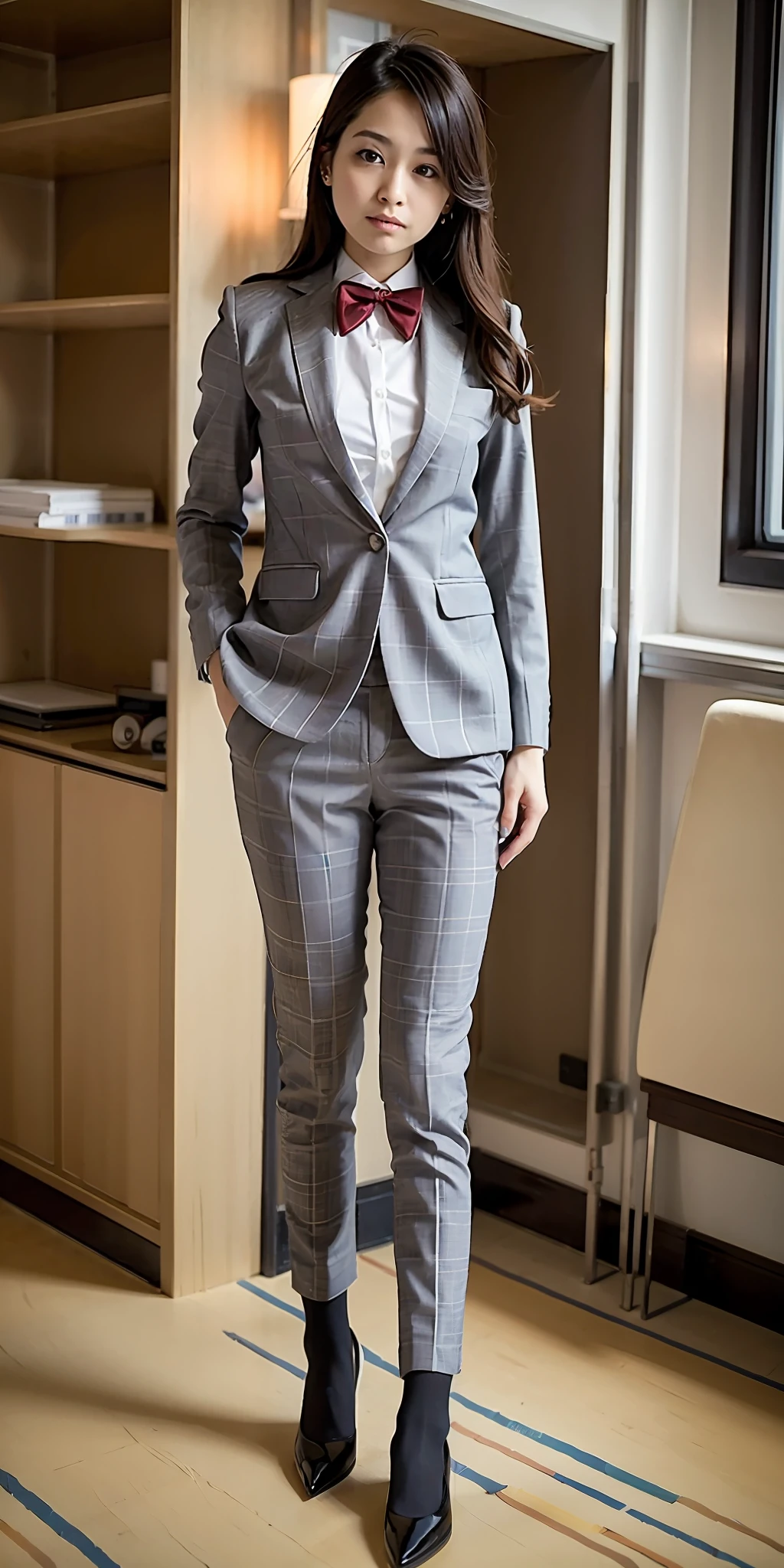 mix4, 20D, Solo, Suit, School Uniform, School Suit, Street, Standing, Kirby, High Heels, look_at_viewer, full_body, (8K, RAW Photo, Best Quality, Masterpiece: 1.2), (Realistic, Photorealistic: 1.37), Professional Lighting, Photon Mapping, Radiosity, Physically based rendering, blurred, blurry background, depth of field