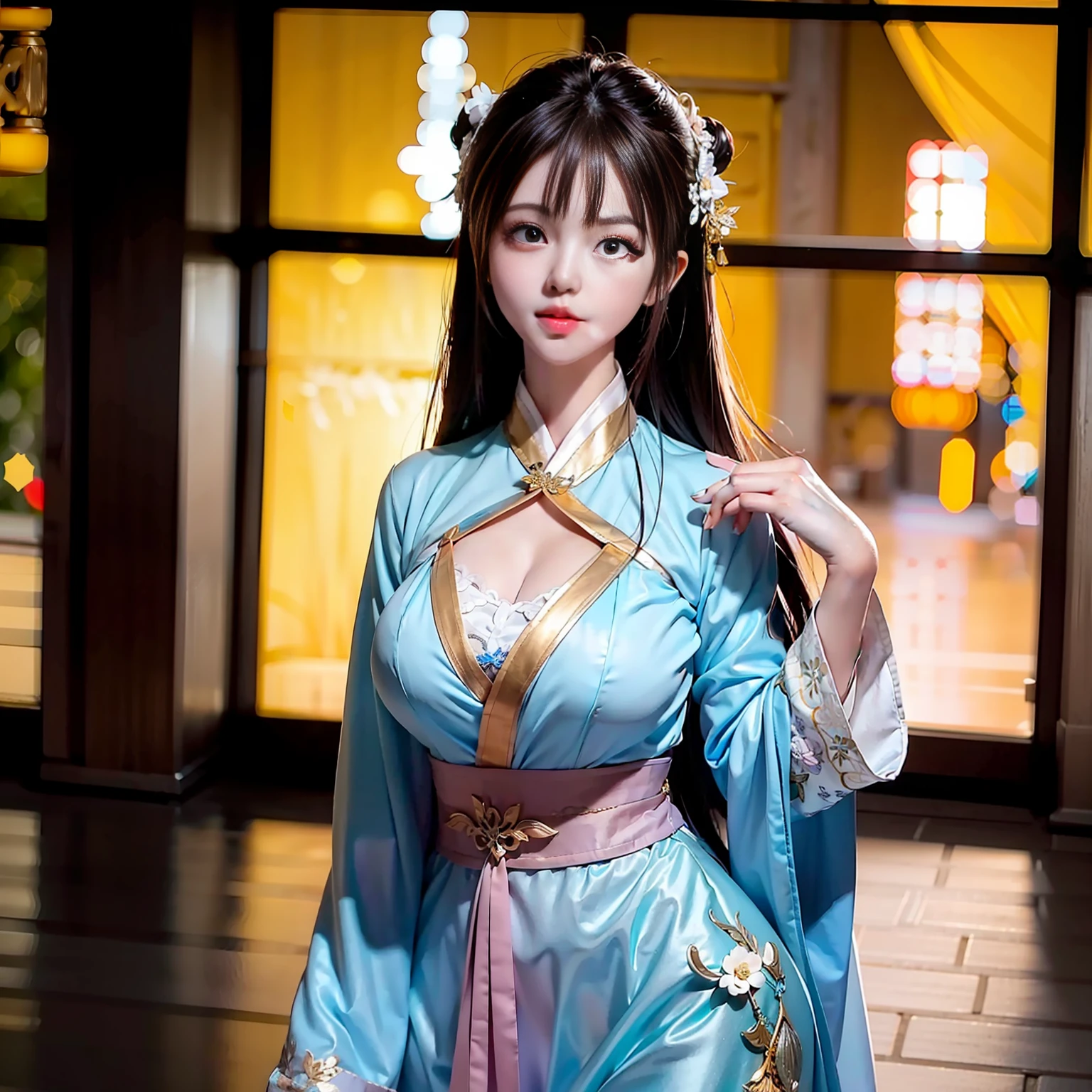 Asian woman in light blue dress standing in front of a building, popular on CGSTATION, beautiful digital artwork, Pan Chengwei on Artstation, CGex and Fenghua Zhong, palace, girl in Hanfu, movie. Fairy Fluttering, Background Bokeh, by Leng Jun, Guvez style artwork, Yang J, Ross Chen 8 K, big breast,