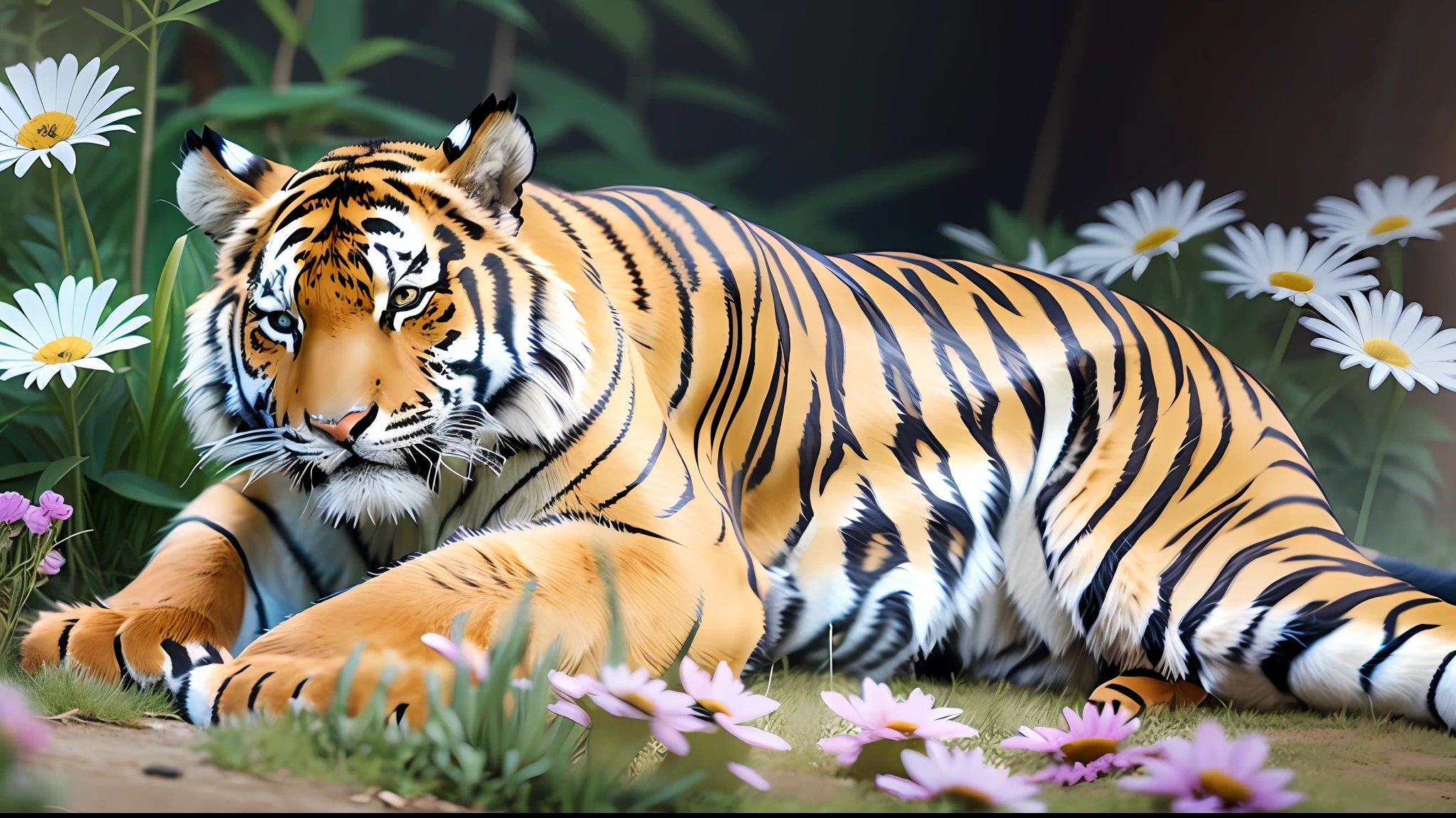 girl standing with a giant tiger robot, 4k, 8k, 12k, 24k, realistic picture, beautiful garden, detail images. --auto