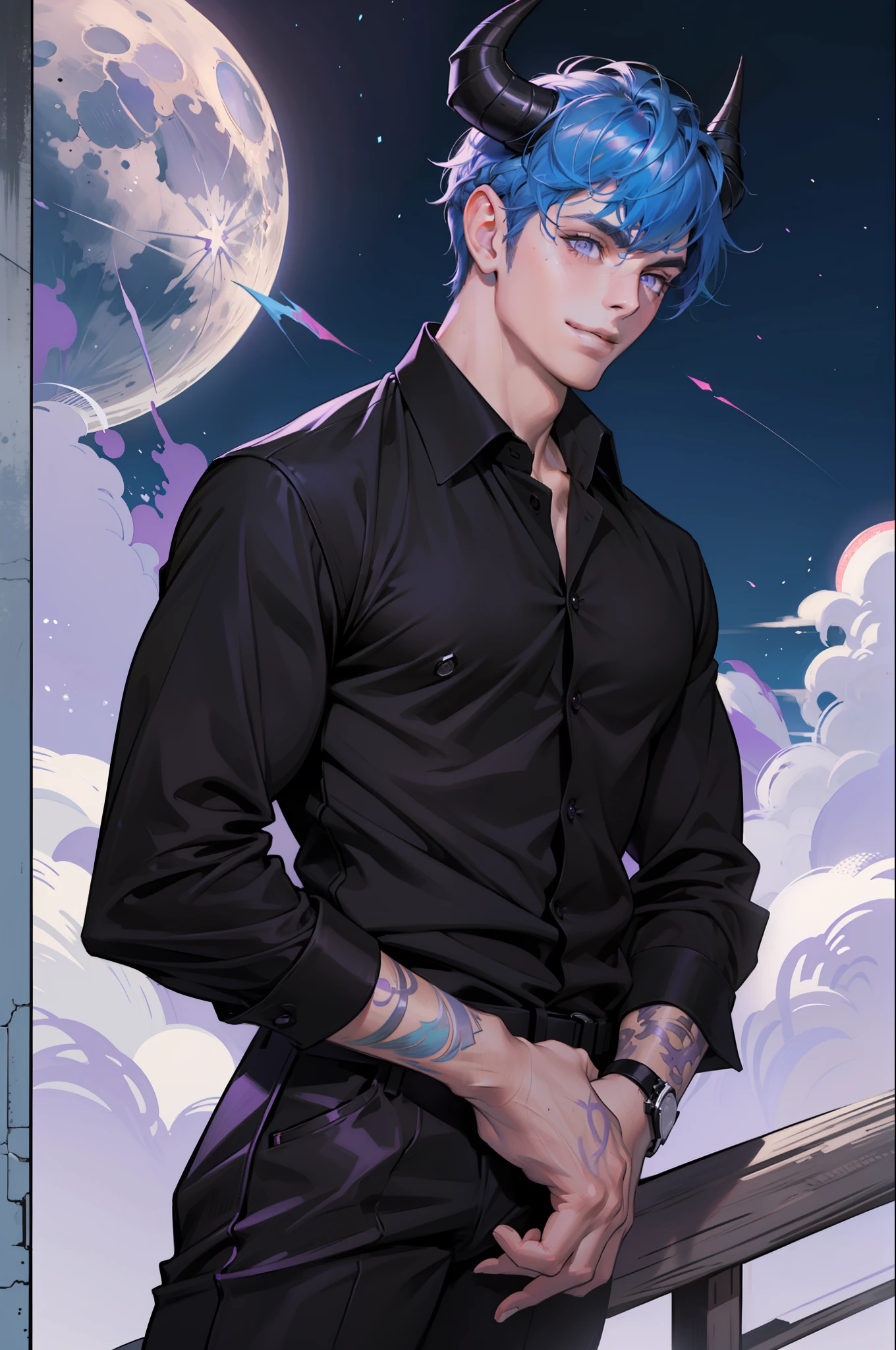 (absurdres, highres, ultra detailed), 1man, 30 years old man, adult man, handsome, tall, finely detailed eyes and detailed face, leather pants, (((black shirt))), night, smile, dutch angle, ((short hair, blue hair)), moon, silver details, gothic, incubus, prince, dark, simple clothes, looking at the view, pale skin, purple detailed eyes, (masculine), sexy, elegant, (((long bangs))), detailed hands, (((purple eyes))), bad boy, (muscles), smirk, ((((horns)))), shirt without buttons, defined muscles, braid
