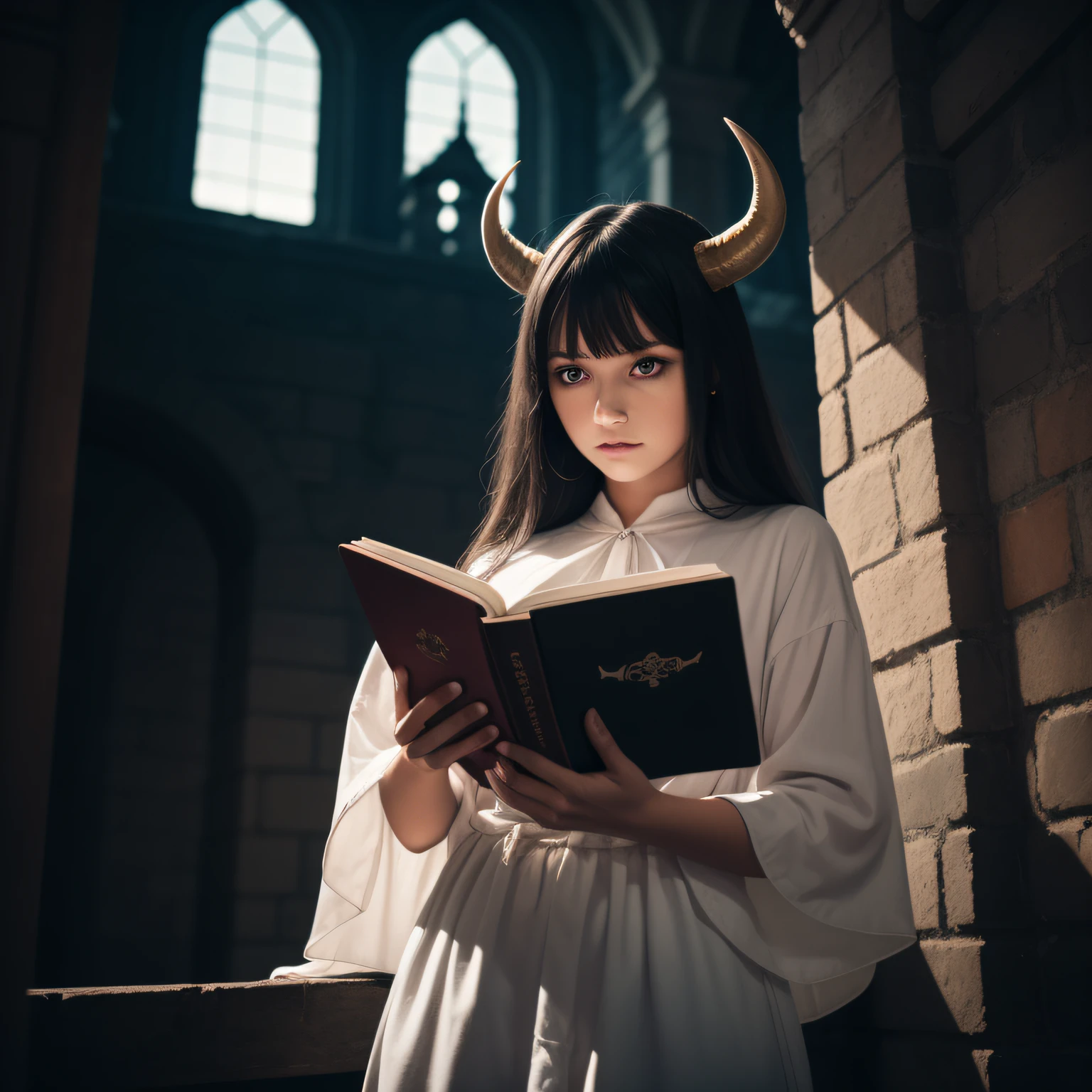 1 woman with vertical black horns, white clothes with black borders, a book in one hand, shot from medium, red eyes, inside a dark castle, it is night