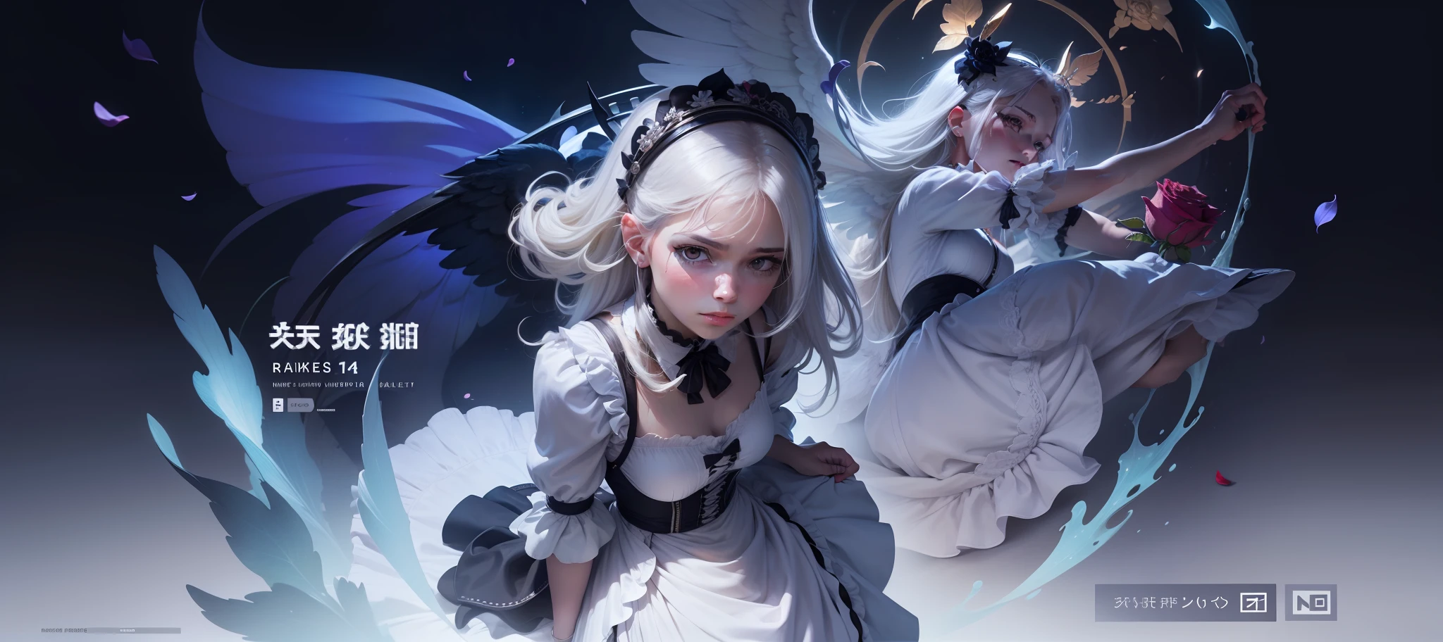 Masterpiece, Superb Piece, Ultra Meticulous, Illustration, Close-up, Direct Vision, Facial Focus, 1girl, White Hair, Blonde Eyes, Long Hair, Halo, Angel Wings, Calm Expression, Looking at the Audience, (Noelle: 1.4), Rose Petals, Maid