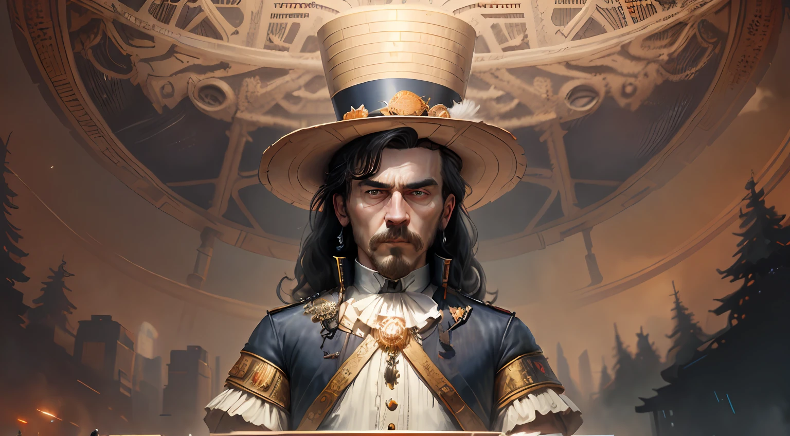 there is a man in a hat and dress with a top hat, beeple and jean giraud, by Mike Winkelmann, a portrait of the character, inspired by Mike Winkelmann, alexey egorov, closeup portrait of an artificer, drdisrespect as napoleon, epic portrait illustration, wizard hat cinematic lighting