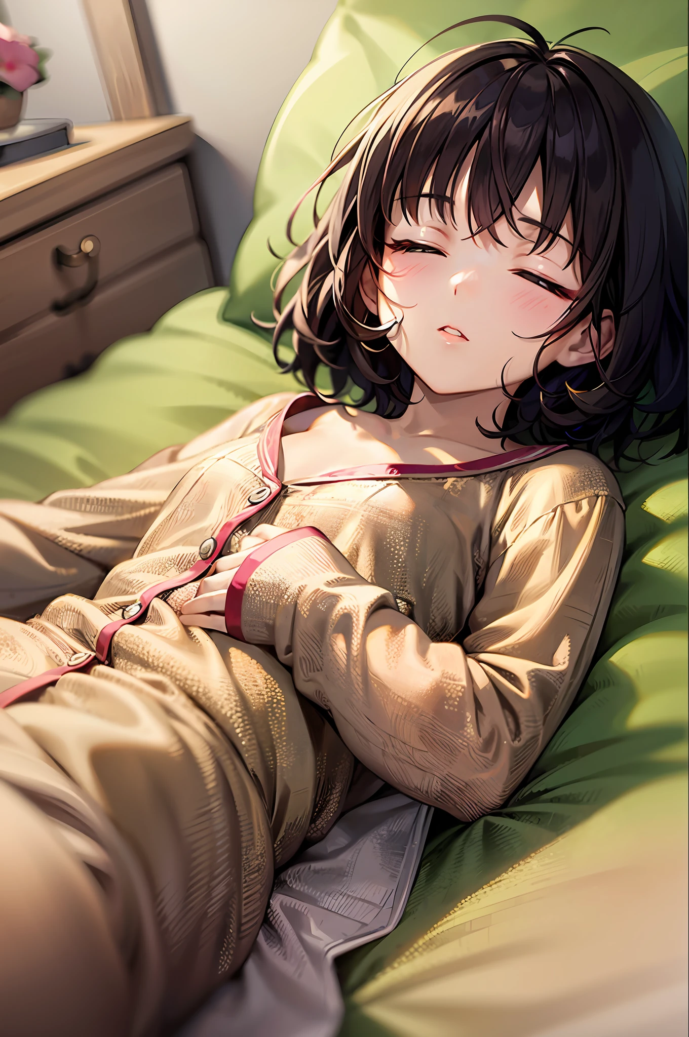 top-quality、超A high resolution、1 16-year-old girl、Short hair、Dark hair、hair adornments、Infant body type、Sleeping with your eyes closed、s Pajamas、on the beds