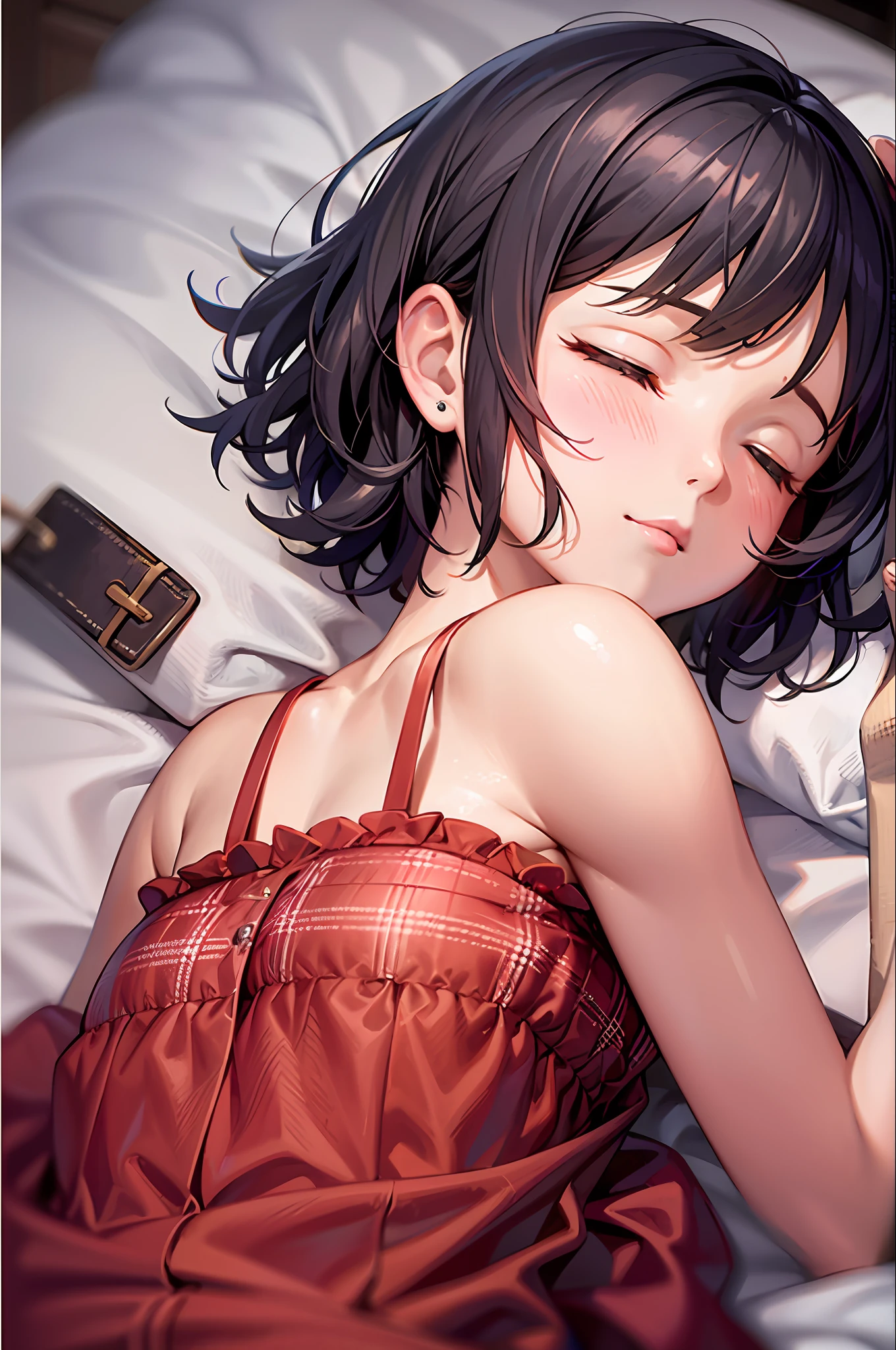 top-quality、超A high resolution、1 16-year-old girl、Short hair、Dark hair、hair adornments、Infant body type、Sleeping with your eyes closed、s Pajamas、on the beds