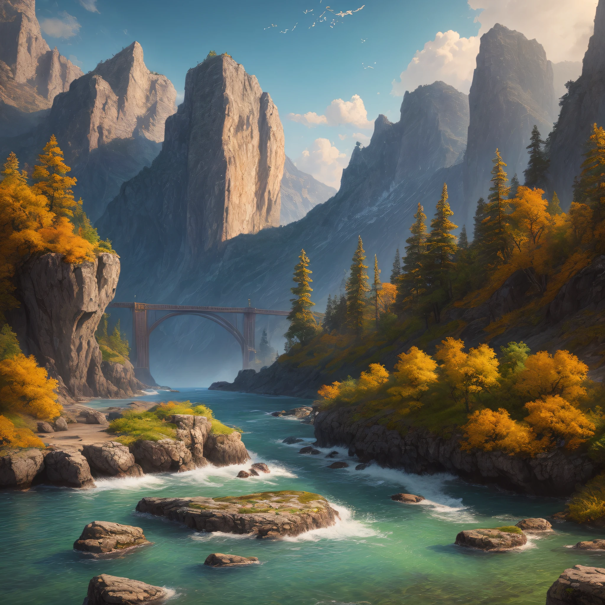 landscape, water, (extremely detailed CG unit 8k wallpaper), world's most beautiful artwork, professional majestic oil painting, intricate, high detail, sharp focus, dramatic and photorealistic painting art canon 35 mm realistic photography, birds flying