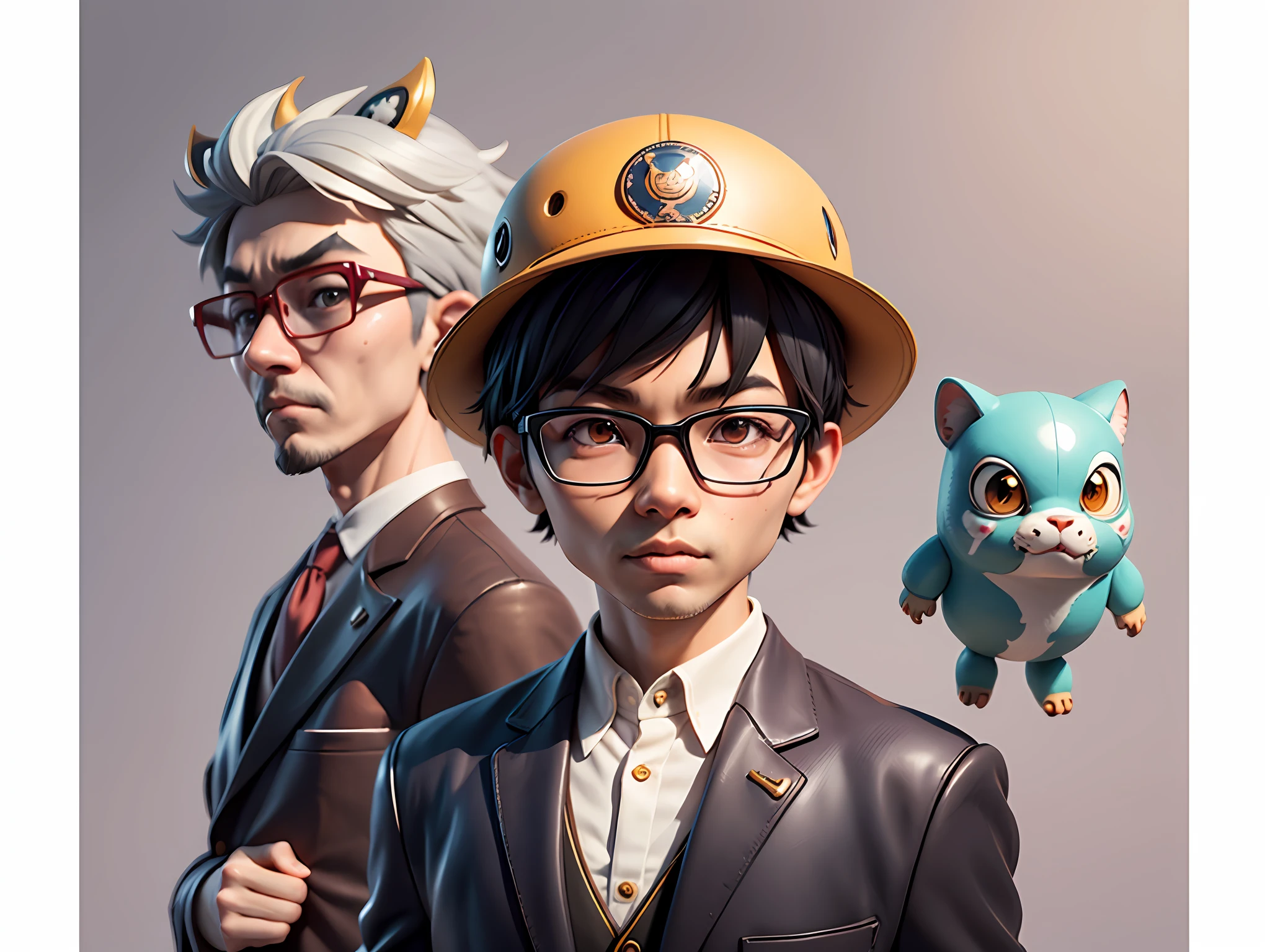 Young man with oriental face in leather hat, tiger, oriental face in formal suit, short black hair, silver glasses, digital painting, 3D character design by Mark Clairedon and Pixar and Hayao Miyazaki and Akira Toriyama, the illustration is a high-definition illustration in 4K resolution with very detailed facial features and cartoon-style visuals.