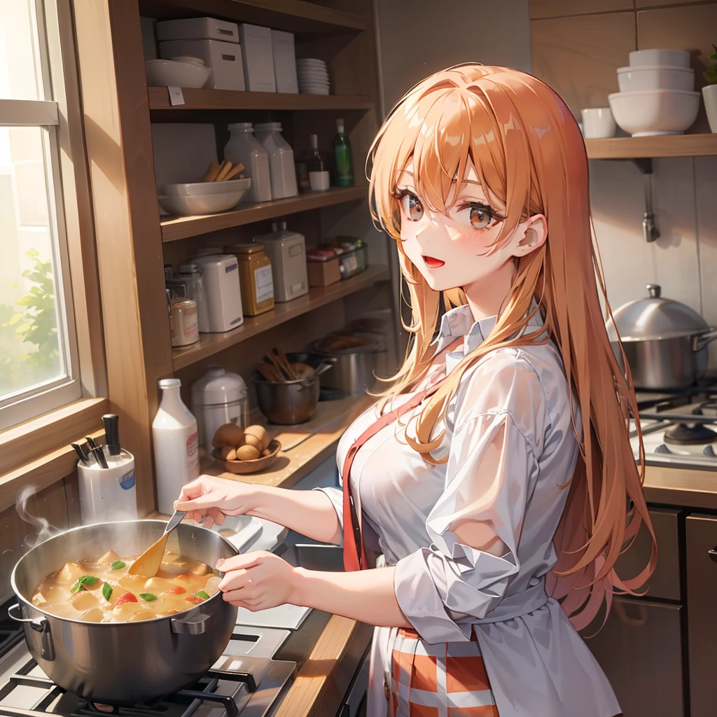 female high-school student，Flaxen hair，With a petite figure，Can cook，Black tights