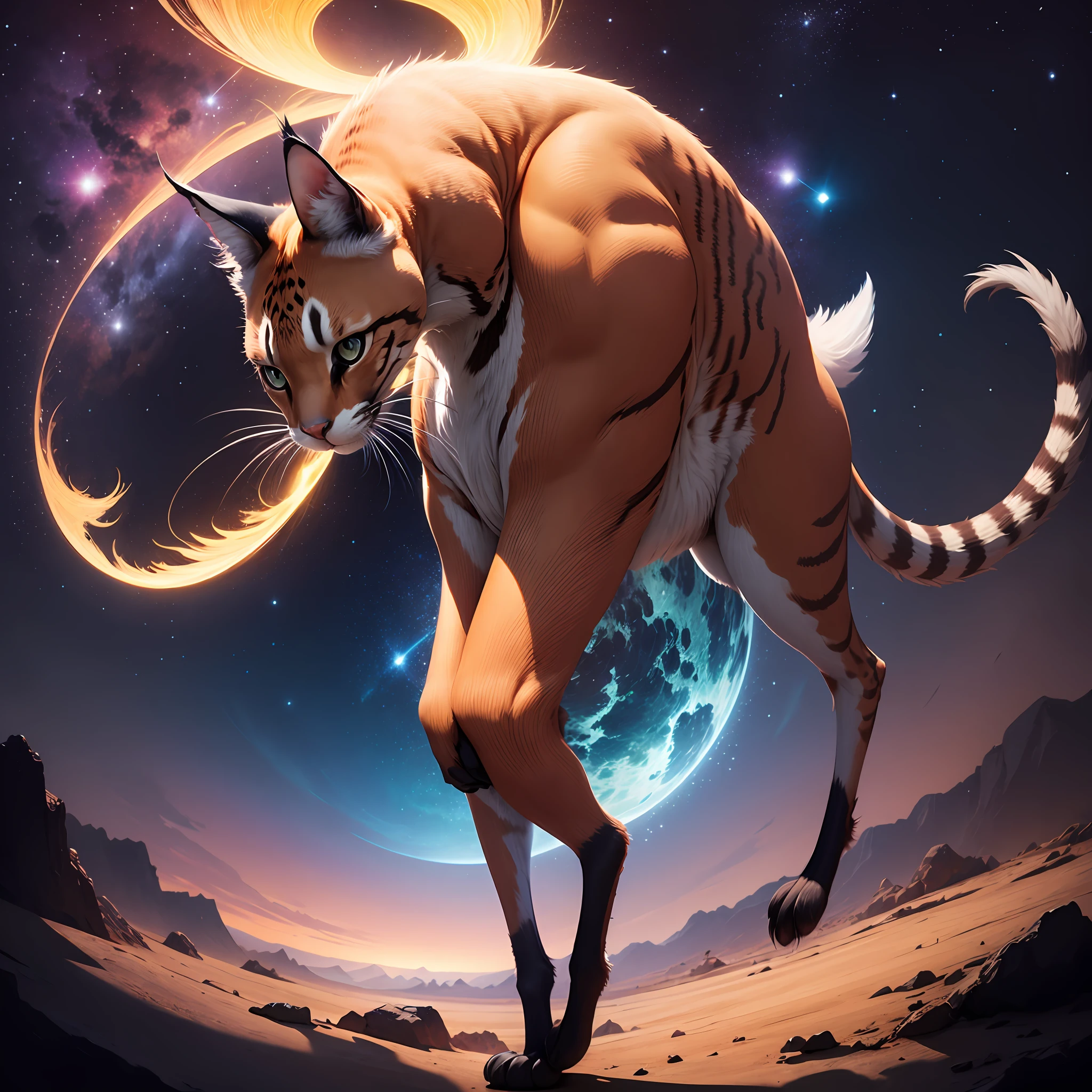 Caracal, Mystical floppa posing looking at infinite sidereal space, mientras emite polvo estelar. --auto