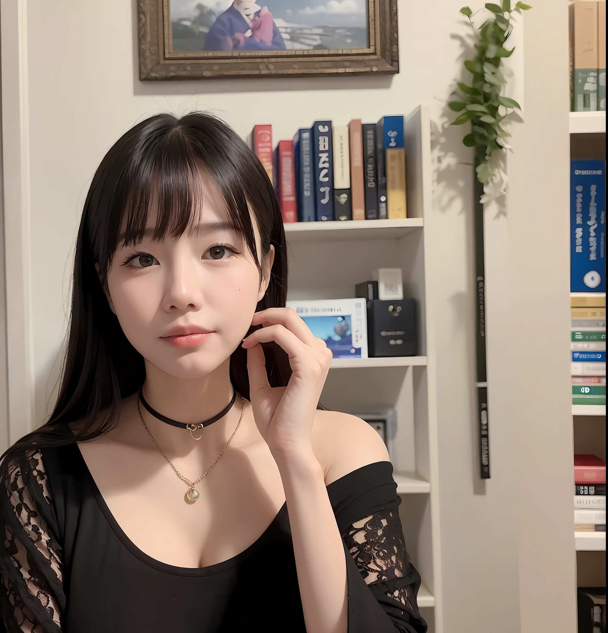 There is a woman posing for a photo in front of a bookshelf, leaked image, wearing intricate black choker, Profile image, xintong chen, 4 k post, 4k post, xision wu, inspired by Ni Yuanlu, jaeyeon nam, Inspired by Huang Ji, inspired by Yi Yuanji, inspired by Jeong Seon