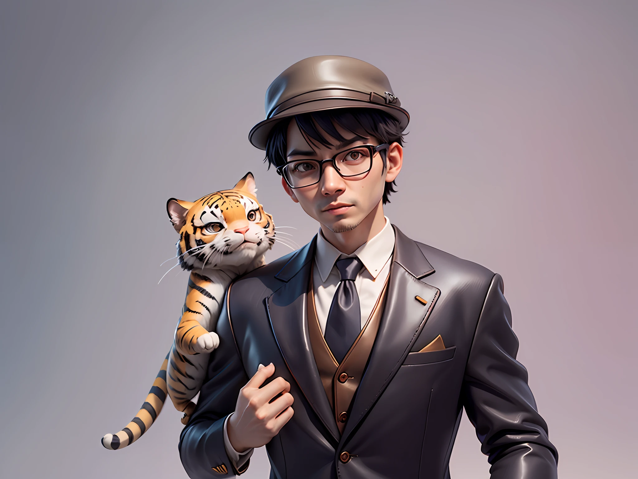 Young man with oriental face in leather hat, tiger, oriental face in formal suit, short black hair, silver glasses, digital painting, 3D character design by Mark Clairedon and Pixar and Hayao Miyazaki and Akira Toriyama, the illustration is a high-definition illustration in 4K resolution with very detailed facial features and cartoon-style visuals.