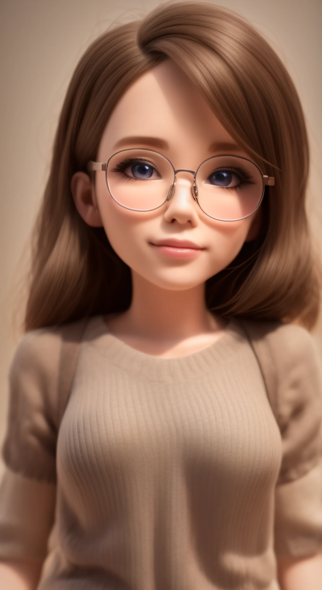 a close up of a doll with glasses on a table, girl with glasses, hyperrealistic schoolgirl, hyperrealistic teen, soft portrait shot 8 k, photorealistic anime girl render, with glasses, kawaii realistic portrait, realistic anime 3 d style, render of a cute 3d anime girl, 3 d anime realistic, 8k portrait render, girl wearing round glasses