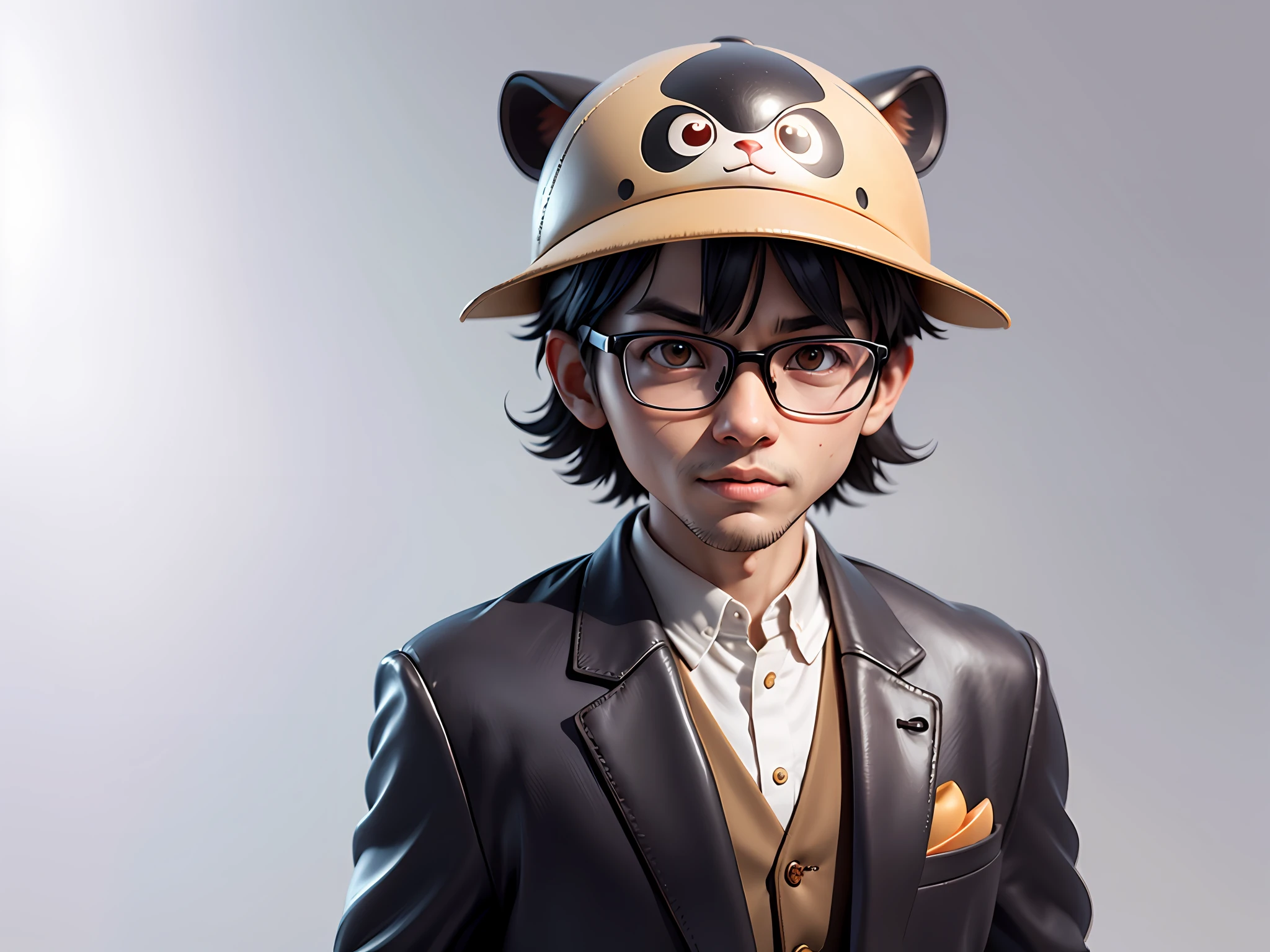 Young man with oriental face in leather hat, tiger, oriental face in formal suit, short black hair, silver glasses, digital painting, 3D character design by Mark Clairedon and Pixar and Hayao Miyazaki and Akira Toriyama, the illustration is a high-definition illustration in 4K resolution with very detailed facial features and cartoon-style visuals.