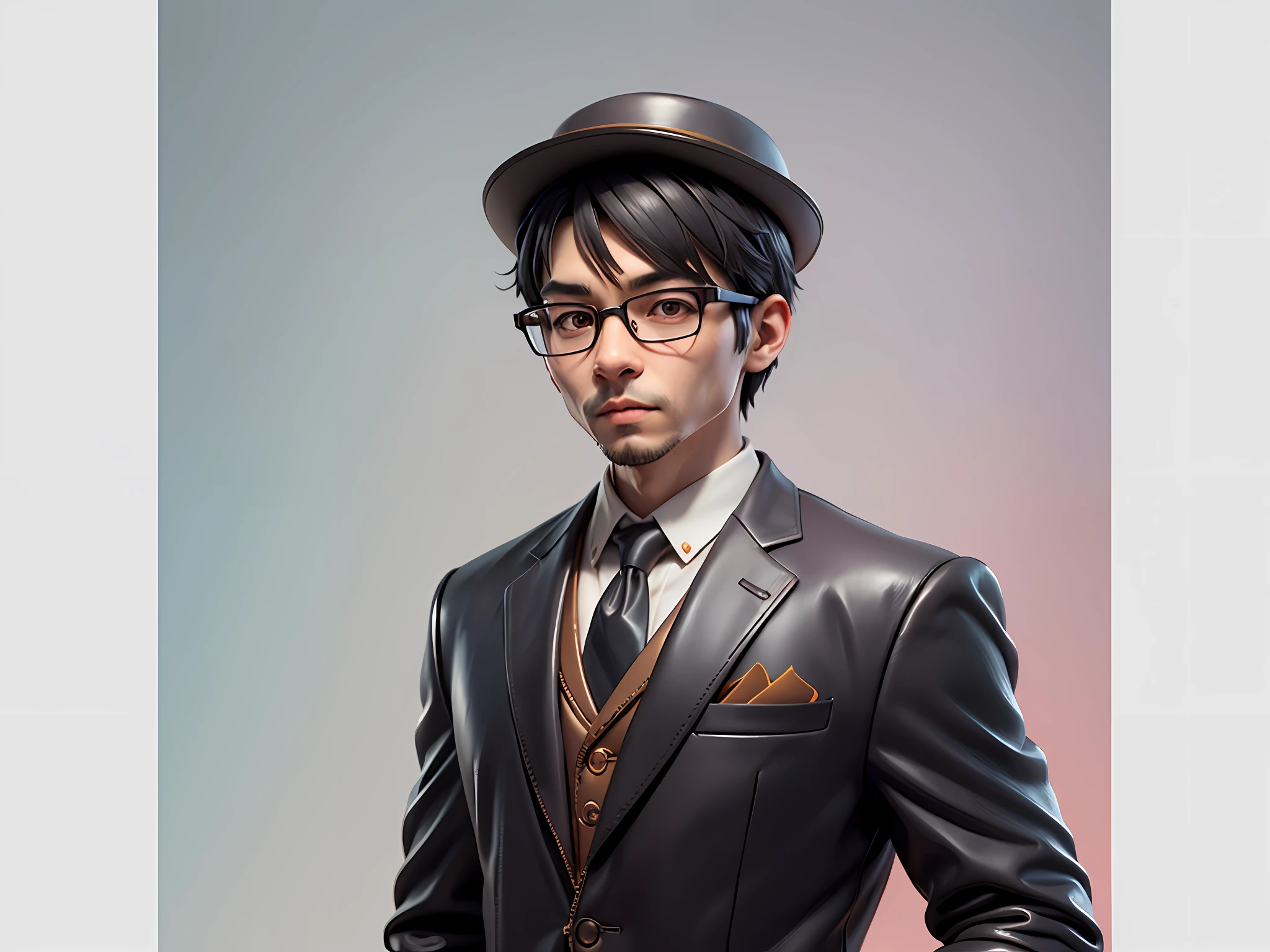 Young man with oriental face in leather hat, tiger, oriental face in formal suit, short black hair, silver glasses, digital painting, 3D character design by Mark Clairedon and Pixar and Hayao Miyazaki and Akira Toriyama, the illustration is a high-definition illustration in 4K resolution with very detailed facial features and cartoon-style visuals.